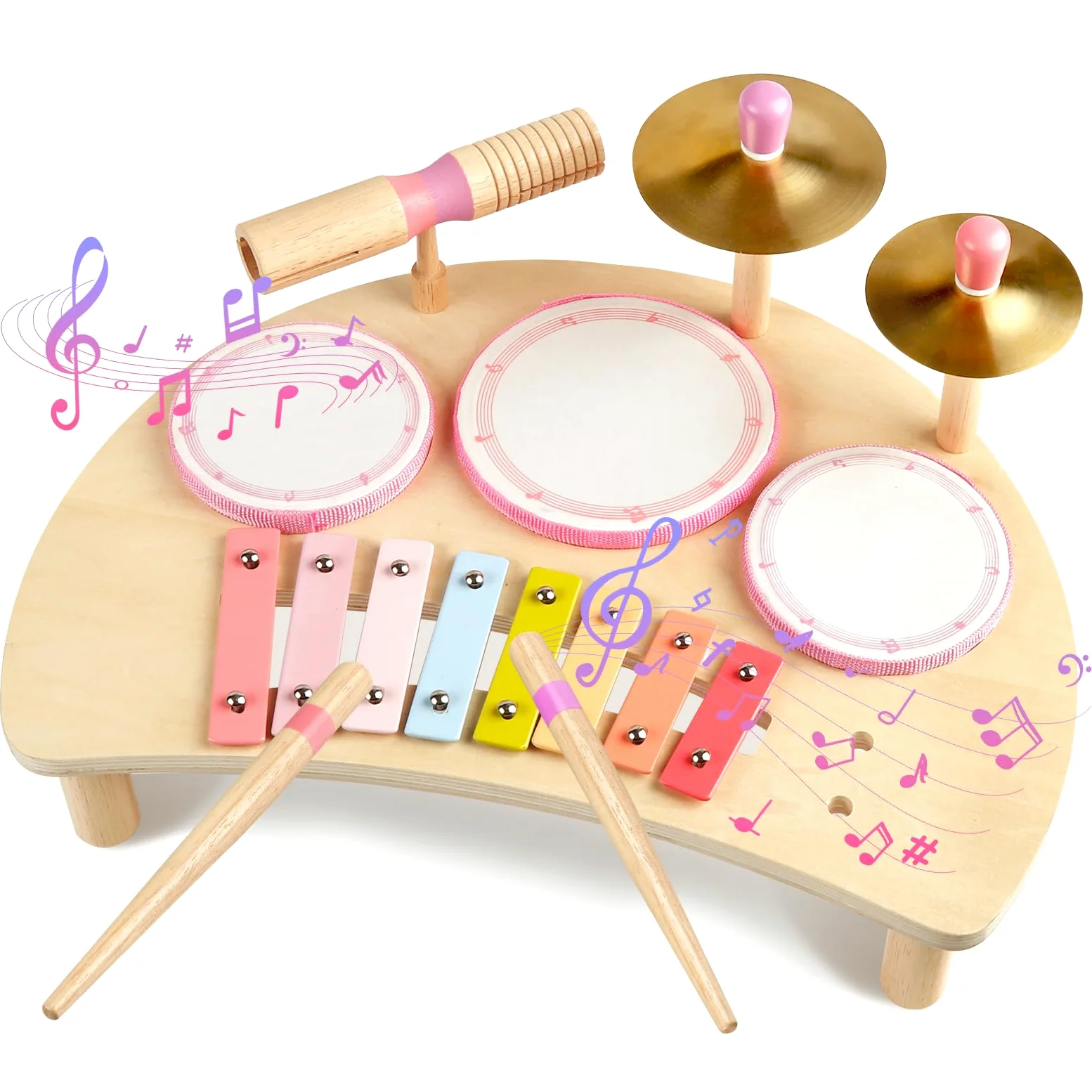 Montessori, set di tamburi in legno, strumenti musicali per bambini, set di batterie in legno con xilofono, giocattolo musicale per bambini in età prescolare, regalo di compleanno educativo per