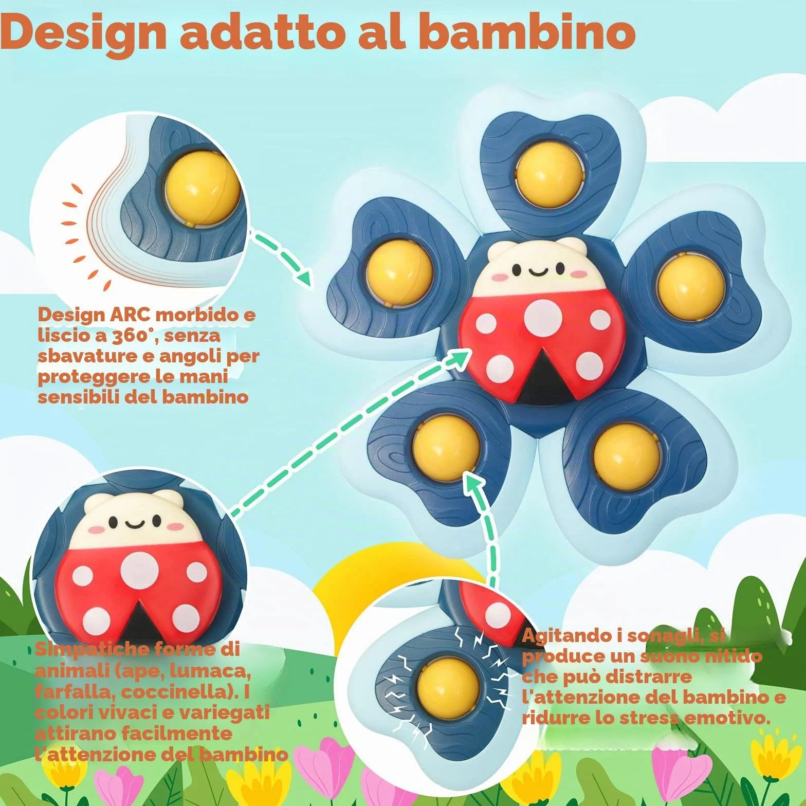 Vanmor Giocattolo rotante con ventosa per bambini, giocattoli per bambini, con ventosa per seggiolone, vassoio da bagno o da viaggio in aereo, regalo per i più piccoli (4 pezzi)