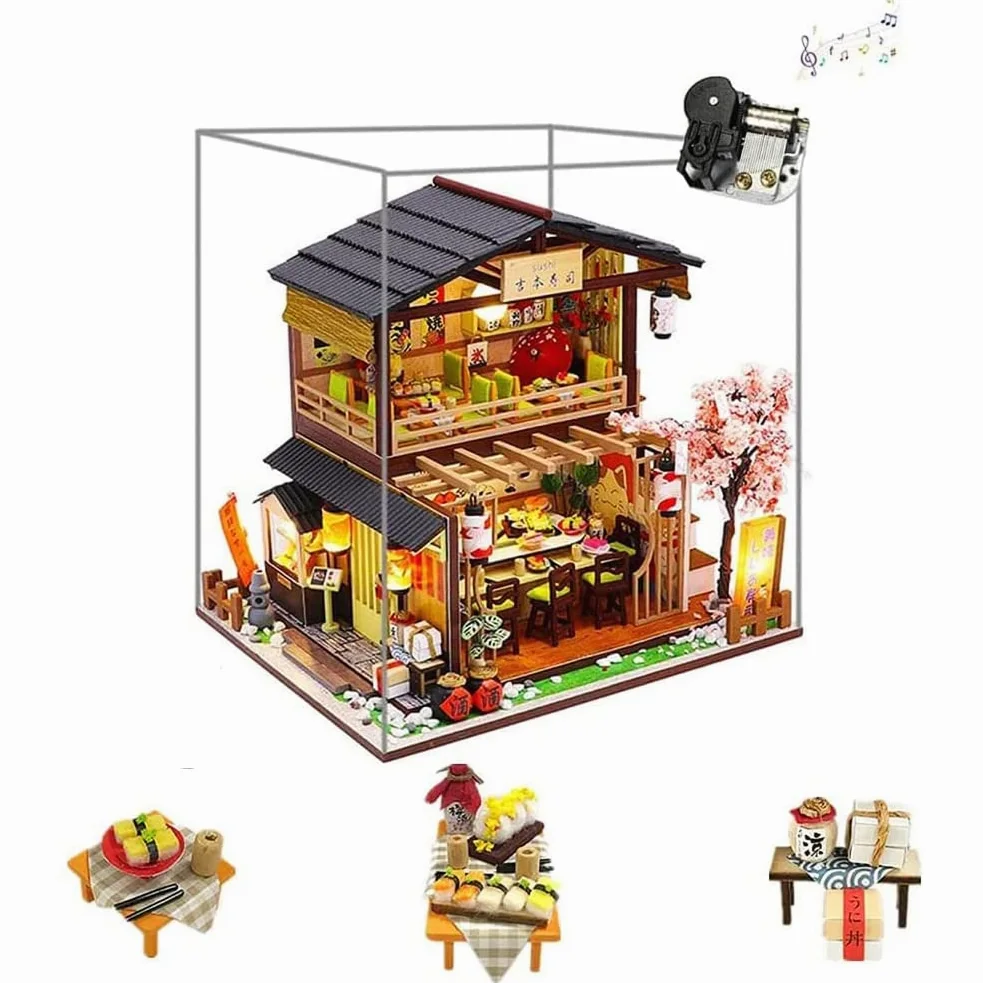 Kit fai da te in miniatura per casa delle bambole con scatola antipolvere e carillon, negozio di sushi giapponese, mobili per casa delle bambole 3D in legno, puzzle creativo, regalo di compleanno per