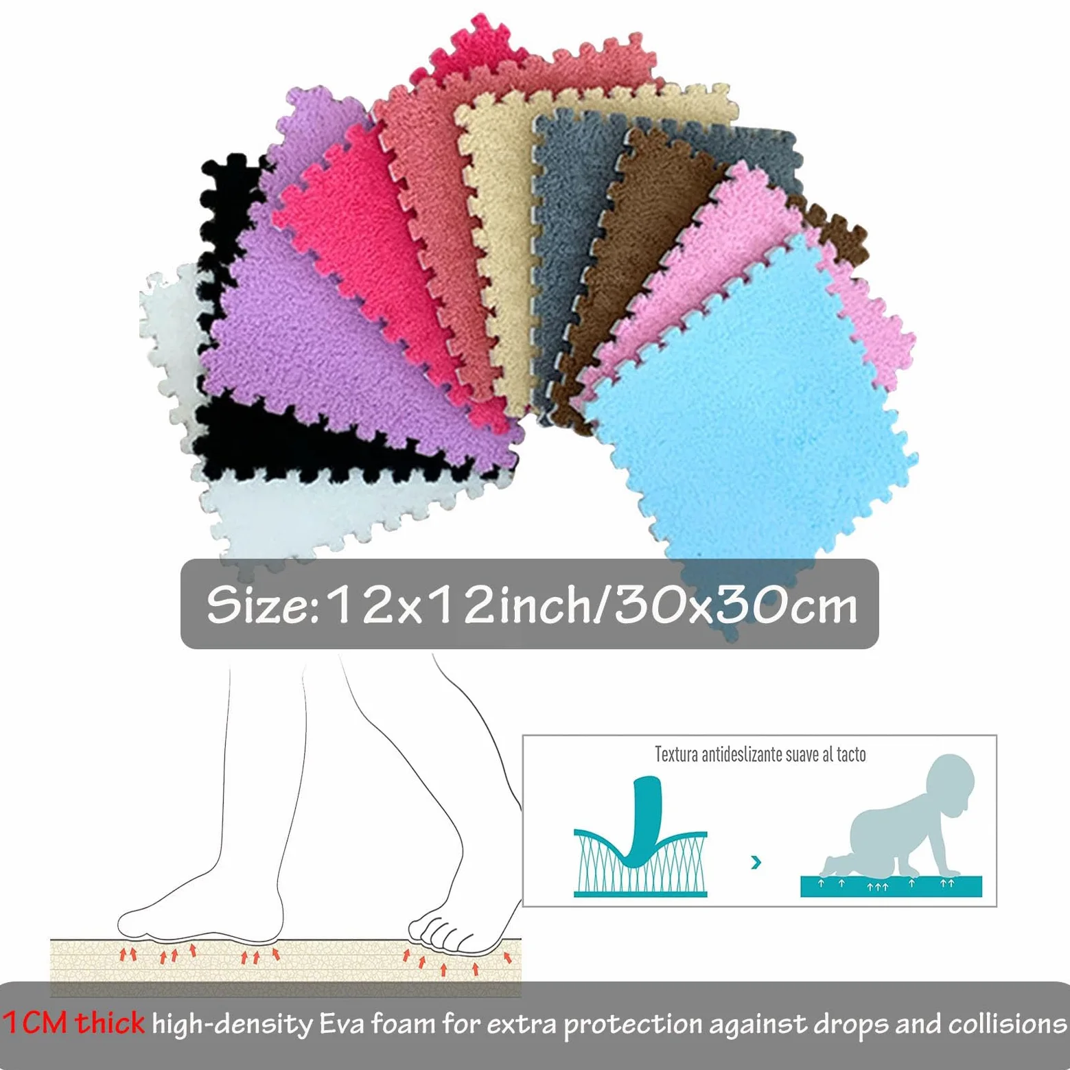Tappeto Quadrato in Peluche Splice Interlocking Carpet, 10 Pezzi Tappeto Quadrato in Schiuma ad Incastro, Tappeto Morbido Antiscivolo ad Incastro, Tappeto in Schiuma di p,Gray+Apricot