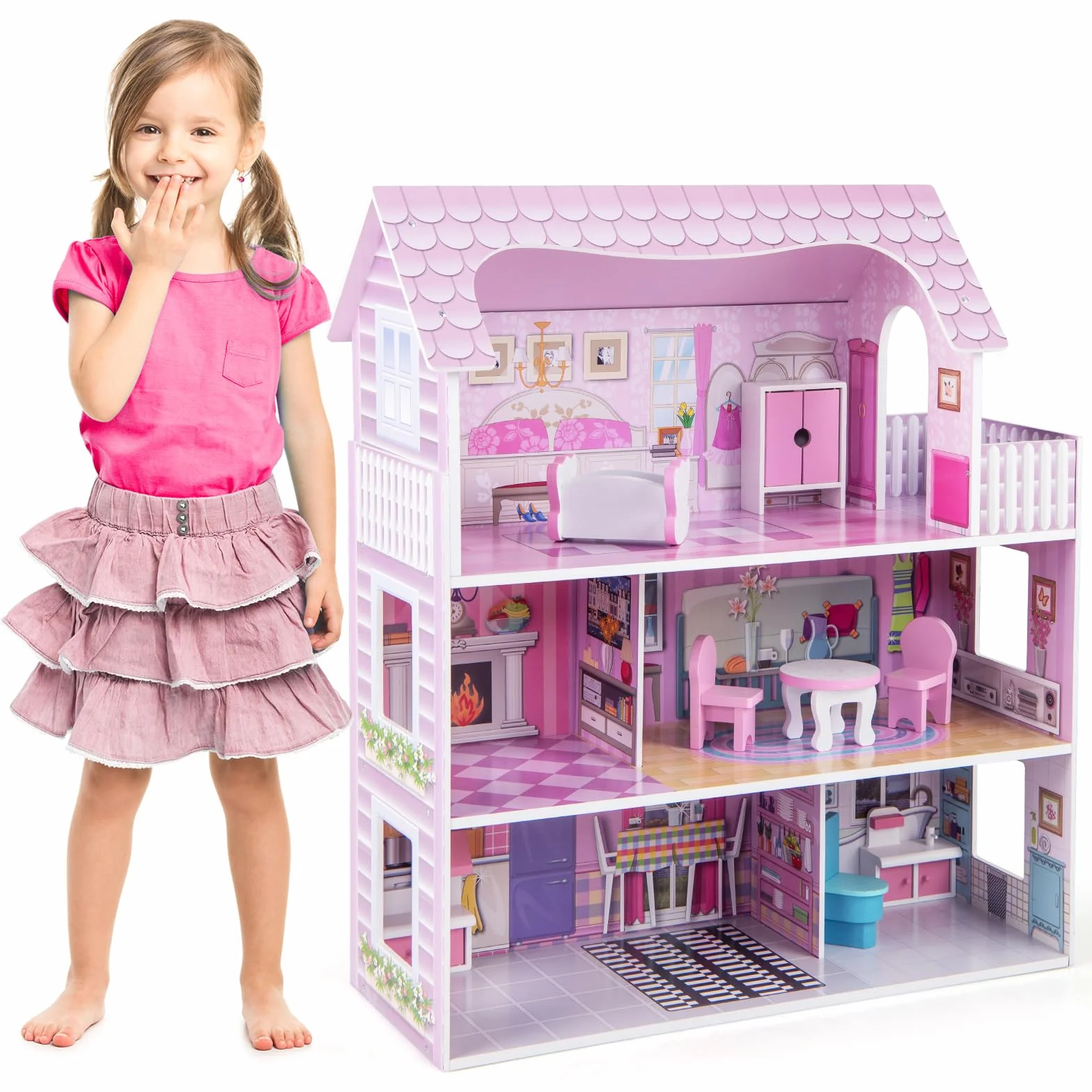 RELAX4LIFE Casa delle Bambole in Legno, 3 Piani, 5 Stanze, Mobili Rimovibili, Design Multicolore, Giocattolo Educativo per Bambini(Tre Piani delle Scoperte)