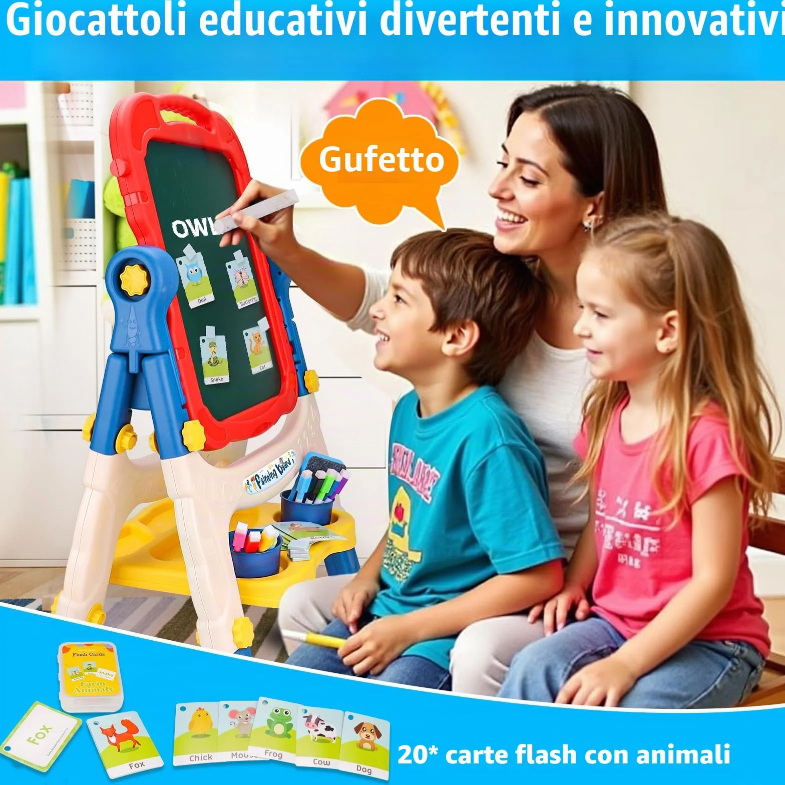 Lavagna per Bambini 4 in 1 con Lavagna Bianco Cancellabile, Lavagna Nera per Gessoi e Magnetica, Cavalletto Pitturai Regolabile Altezza, Giochi Educativi Regalo 2 3 4 5 6 Anni