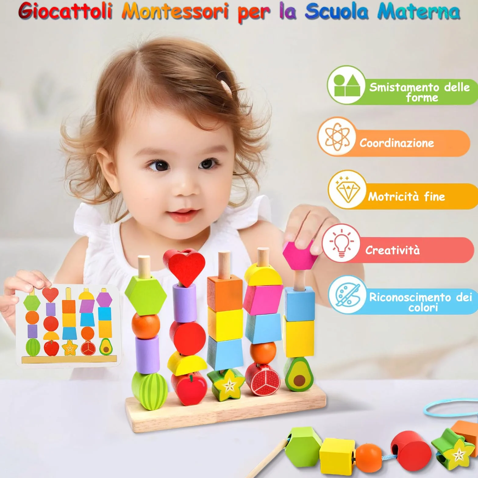 Echehi 2 in 1 Giocattoli Montessori da Infilare per Bambini, Perline da Infilare, Forme da Abbinare, Sviluppo delle Capacità Motorie Fini, Blocchi in Legno da Impilare