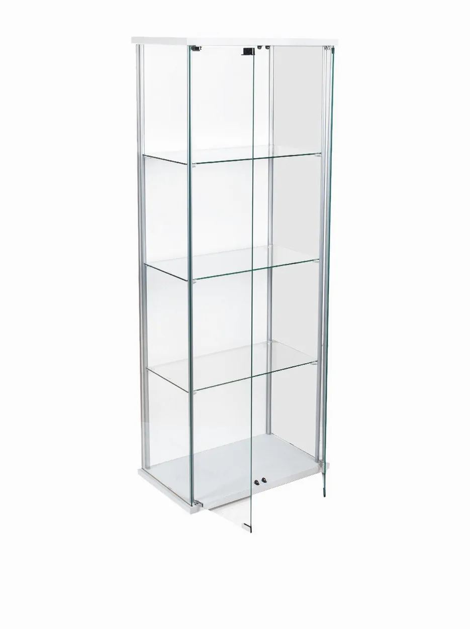 Vetrina Moderna 2 Ante in Vetro Temperato Bianca 60,5x36,5x163 cm – Mobile Contenitore per Soggiorno o Cucina, con Struttura in Metallo e Laminato, 3 Ripiani Fissi