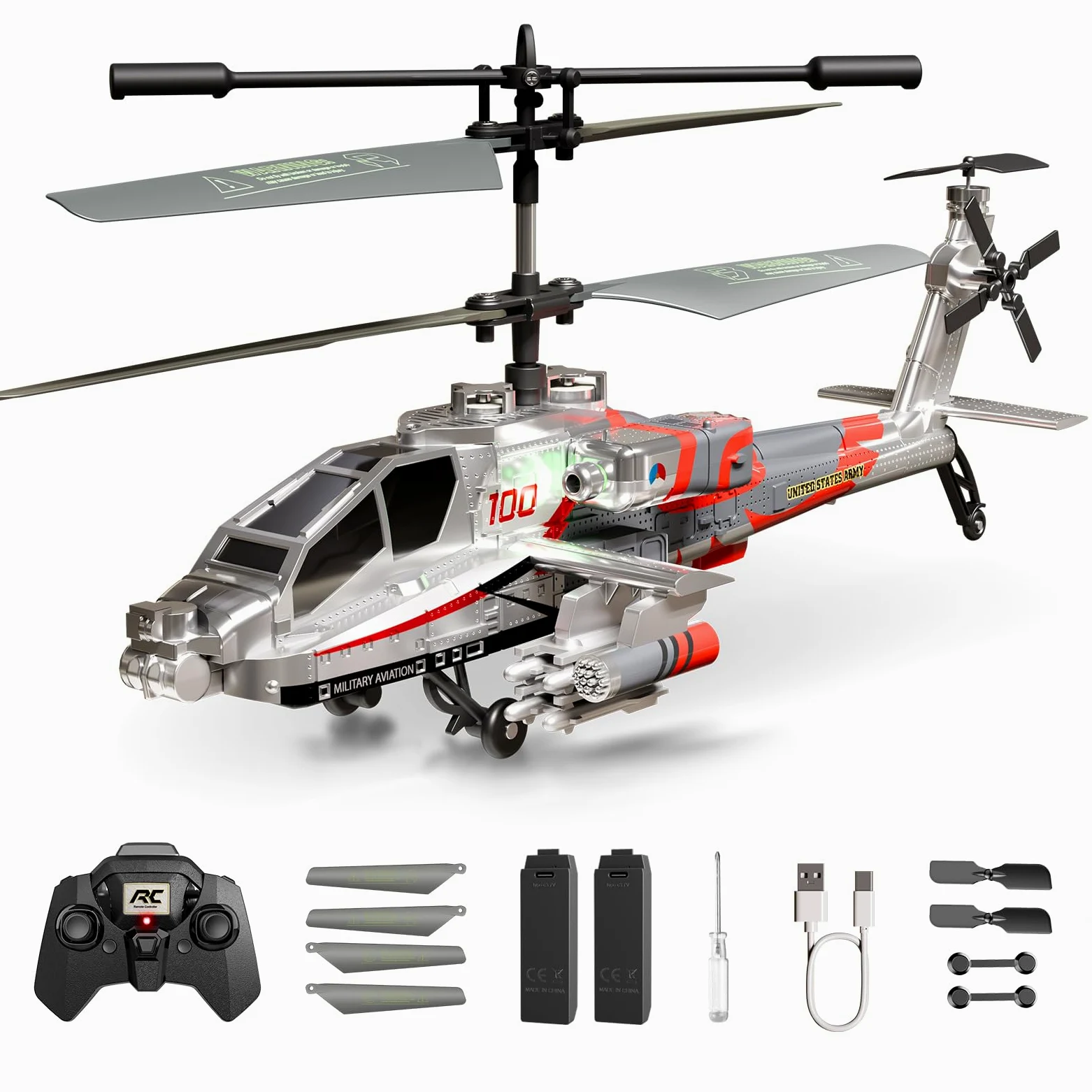 XIKOTEC Elicottero Telecomandato per Bambini Elicottero Radiocomandato | Elicottero RC con 2 Batt, LED & Decollo/Atterraggio 1 Tasto, Elicottero Giocattolo Giochi Regalo per Ragazzi 8+ Argenteo