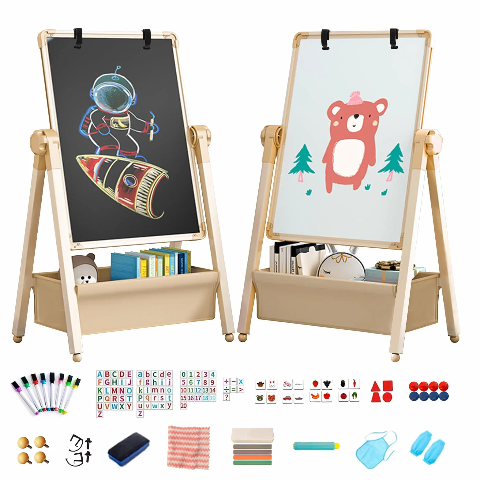 Lavagna per Bambini 3 in 1 Cavalletto Artistico Doppia Faccia Regolabile Altezza Girevole 360° con Lettere e Numeri