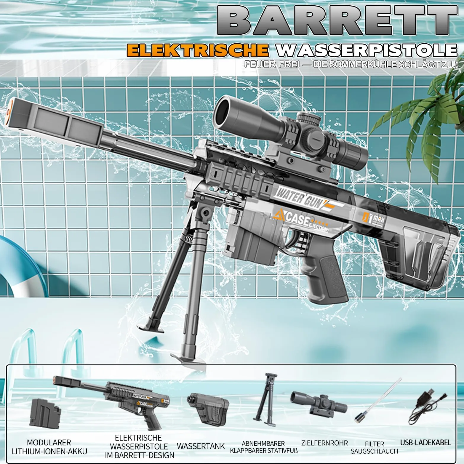 Maxee Pistola ad acqua elettrica, pistola a spruzzo automatica con un pulsante, per bambini, adulti, piscina, feste, spiaggia all'aperto, colore nero