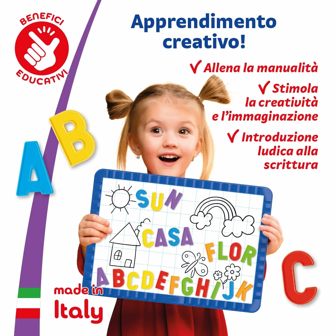 Quercetti Magnetino Letters Basic, Lavagna Magnetica con 48 Lettere Magnetiche per Bambini, Gioco Educativo 4 Anni, Made in Italy