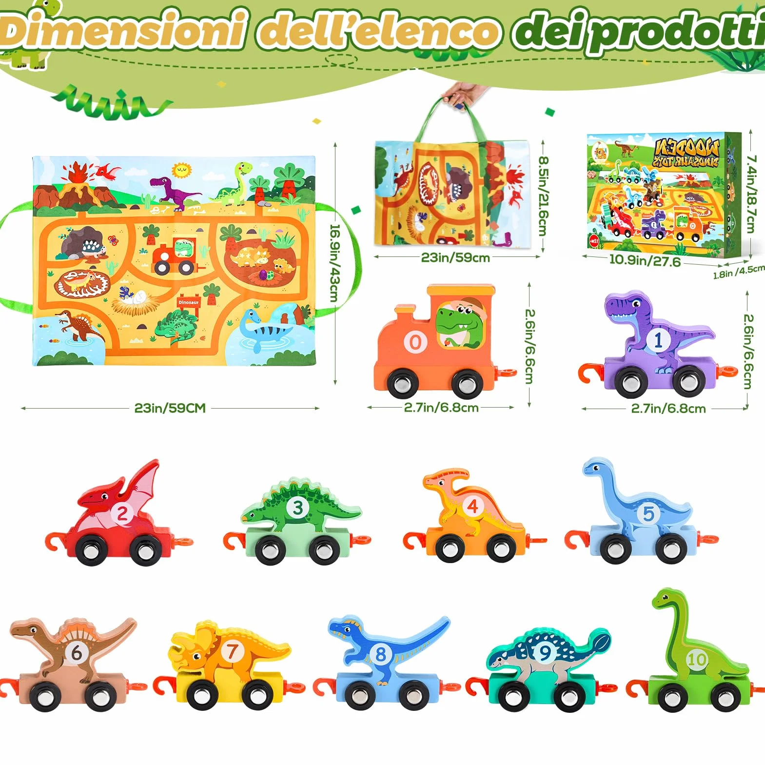 Anginne Giochi Bambini 1 2 3 Anni, Trenino di Legno Dinosauri, con Tappetino per Riporre i Giochi, Regalo Bambino 1 Anno Maschio Gioco Bambino 1-4 Anni - Giocattoli Dinosauri per Bambini
