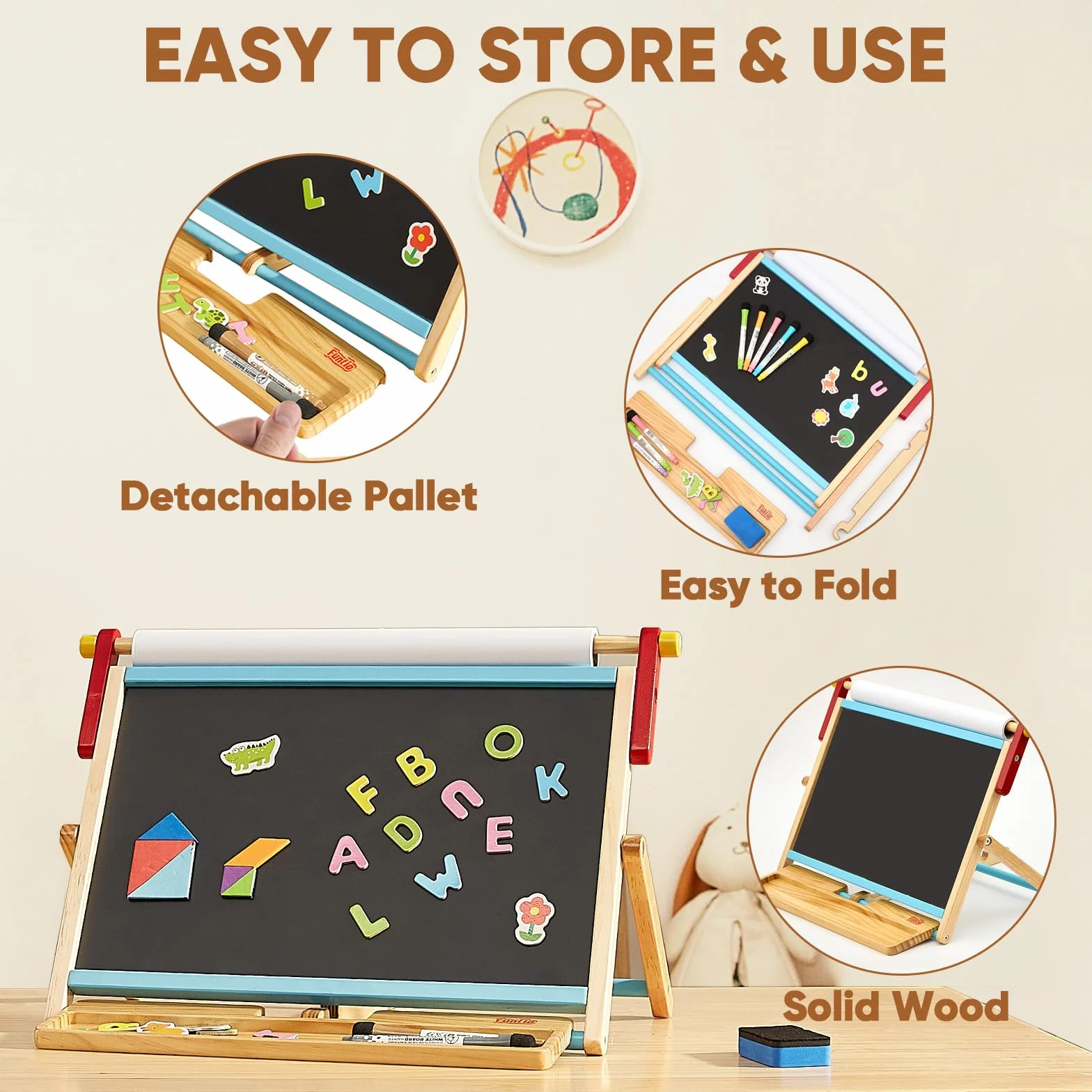 FUNLIO Cavalletto da Tavolo 3-in-1 per Bambini 3+ (100+ accessori), Lavagnetta Magnetica in Legno, Lavagna Cancellabile per Bambini con Rotolo Carta, 3 Angoli Regolabili, Pieghevole - Blu