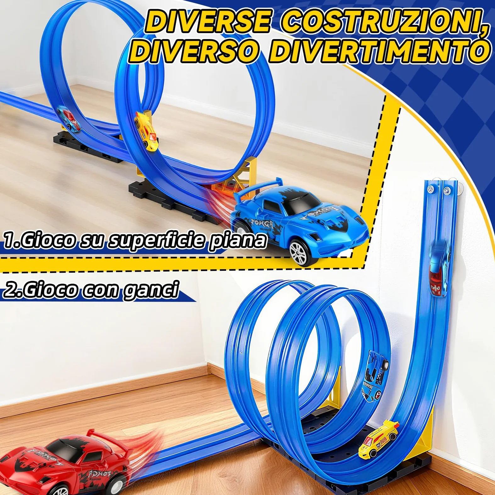 Charmofun Pista Macchinine Flessibile 5M, Giocattolo Piste da Corsa con 4 Auto, Borsa con 4 auto, 2 lanciatori, 8 rampe triangolari e 8 ventose, Portatile Pista per Bambini 3+ Anni (Blu)