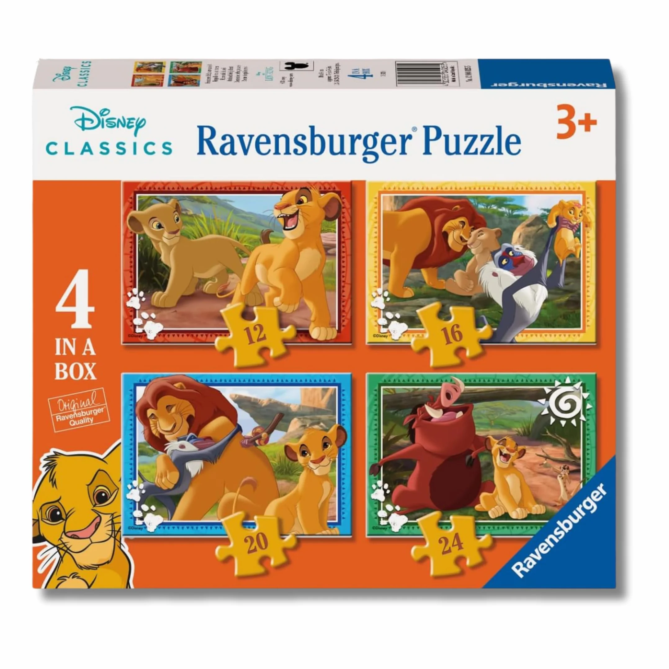 Ravensburger - Puzzle Bambini 3 Anni 4 in a box, Il re leone - Puzzle 3 Anni, Collezione Disney, Include 4 Puzzle 12-16-20-24 Pezzi Progressivi, Giochi Educativi, Idee Regalo