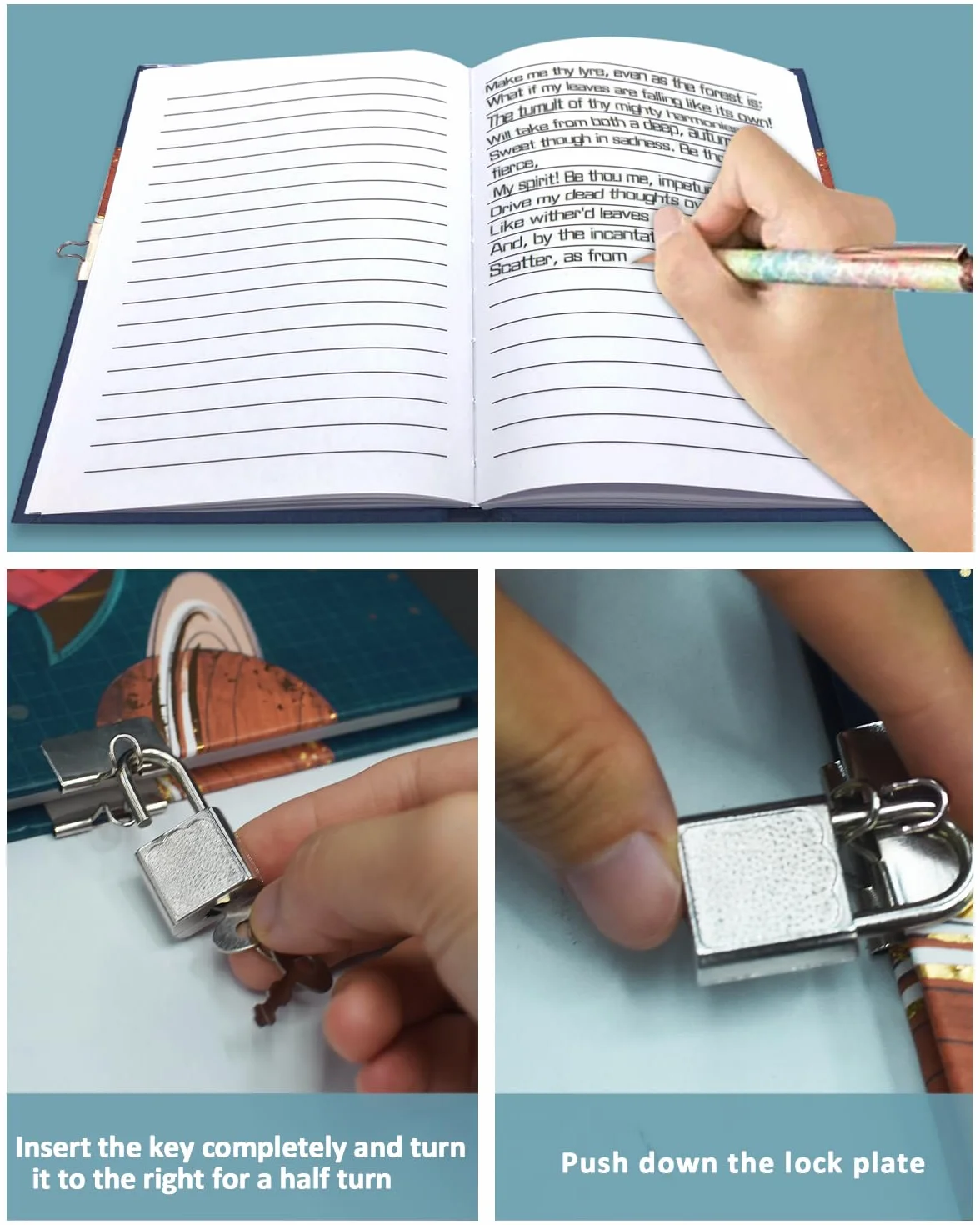 Diario Segreto Bambina con Lucchetto 80 Fogli a Righe 17,8x13,5cm Quaderno per Scrittura Scolastica Regalo Ragazzi 6-10 Anni