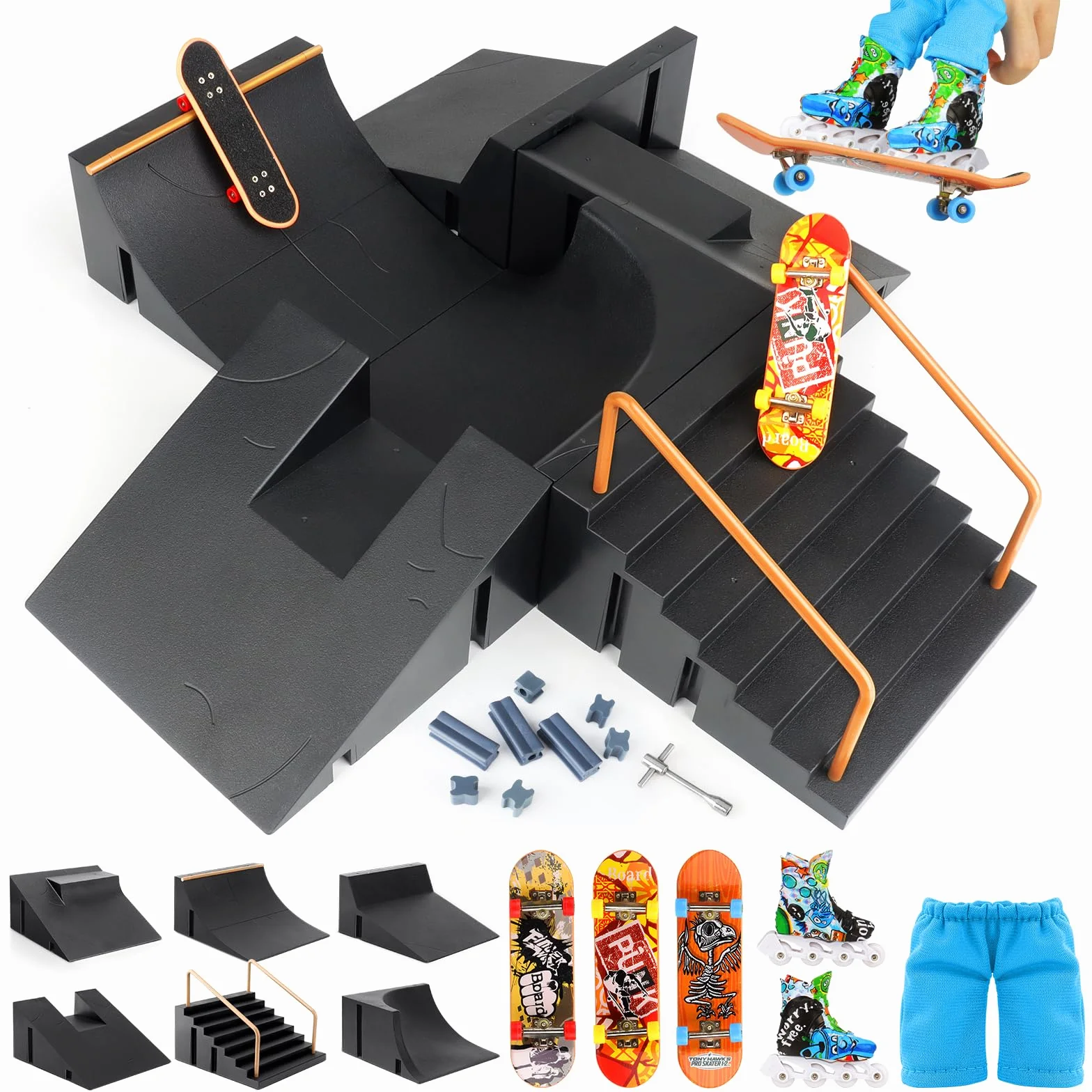 CS COSDDI Mini Finger Skateboards Ramp Accessories Set, 6-in-1 Fingerboard Toy Skate Park Kit Ramp, DIY Assembly Mini Finger Skateboard Ultimate Park Set Ramps for Kids Birthday Gift