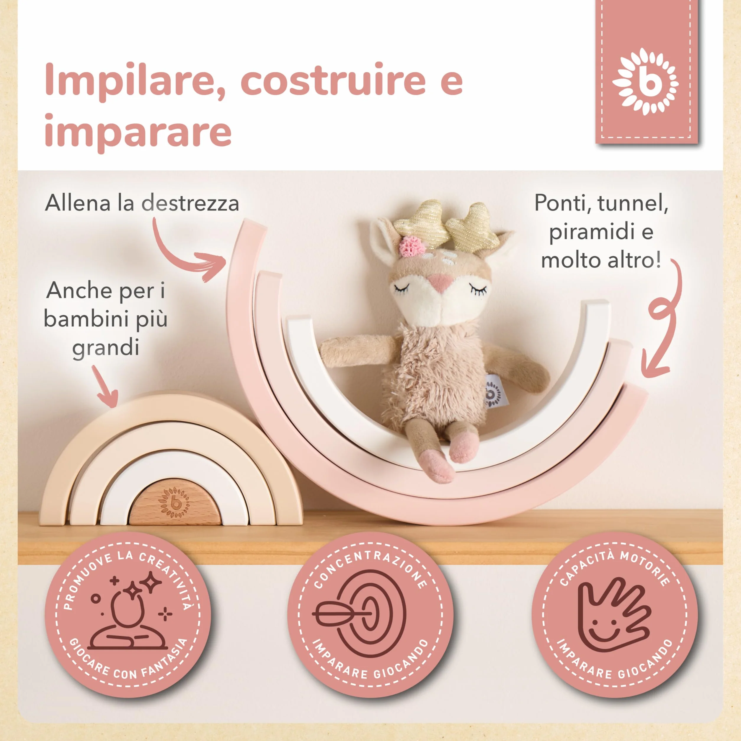Bieco Ella, torre impilabile in legno per bambini, torre decorativa per giochi Montessori, impilabile a partire da 1 anno