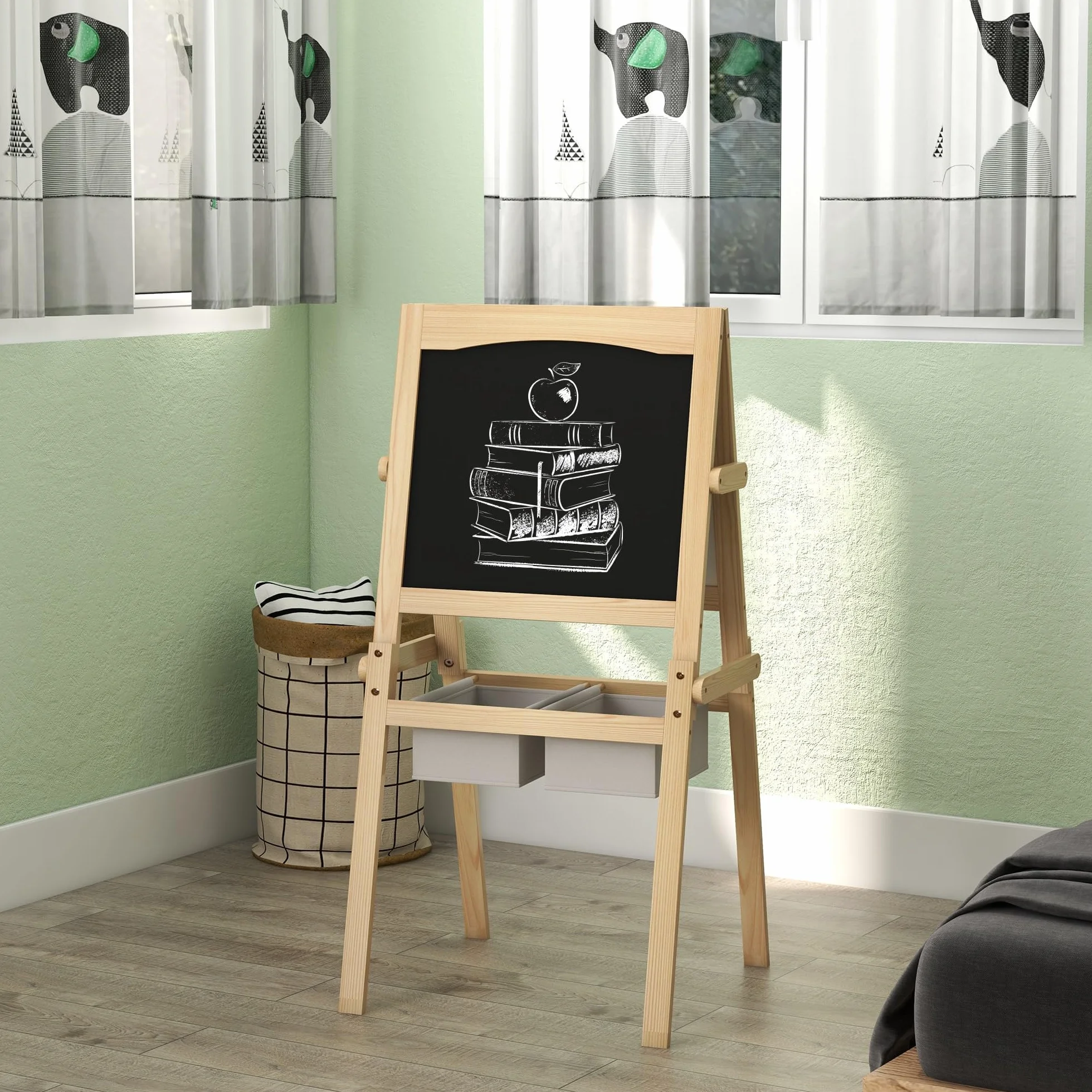 AIYAPLAY Lavagna per Bambini 3 in 1 Multiattività con Due Cestini, Cavalletto Artistico in Legno 58x50.5x109cm