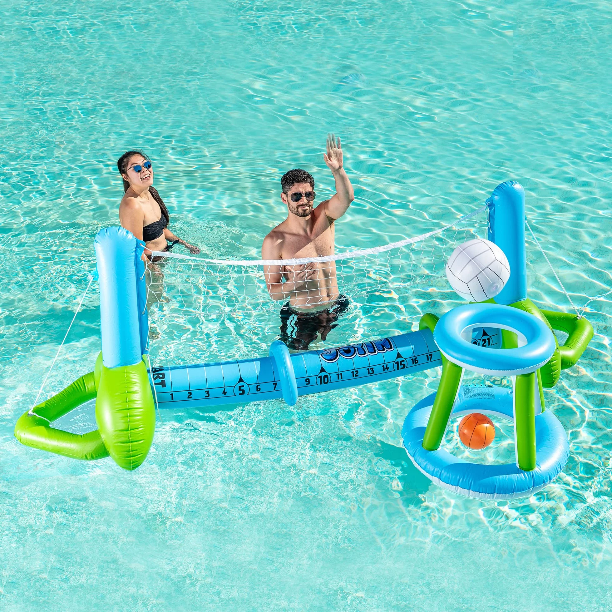 JOYIN Set da Pallavolo Gonfiabile per Piscina Bambini Adulti, Rete da Pallavolo Canestri da Basket Set Galleggiante per Piscina, Gioco di Nuoto Divertente per Feste