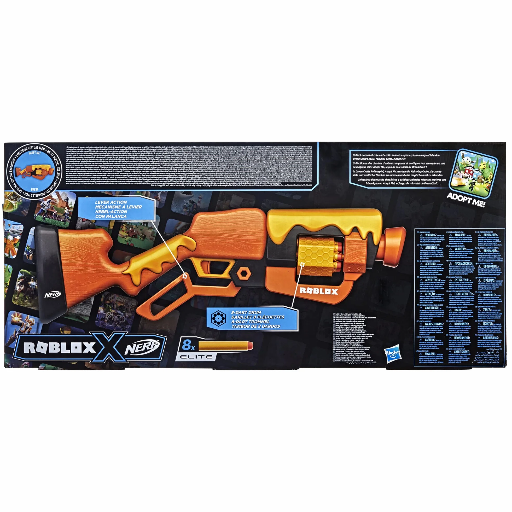 Hasbro Nerf Roblox - Adopt Me!: BEES!, blaster lancia-dardi con azione a leva, tamburo rotante con 8 dardi, 8 dardi Nerf Elite, contiene codice per sbloccare un articolo virtuale in-game