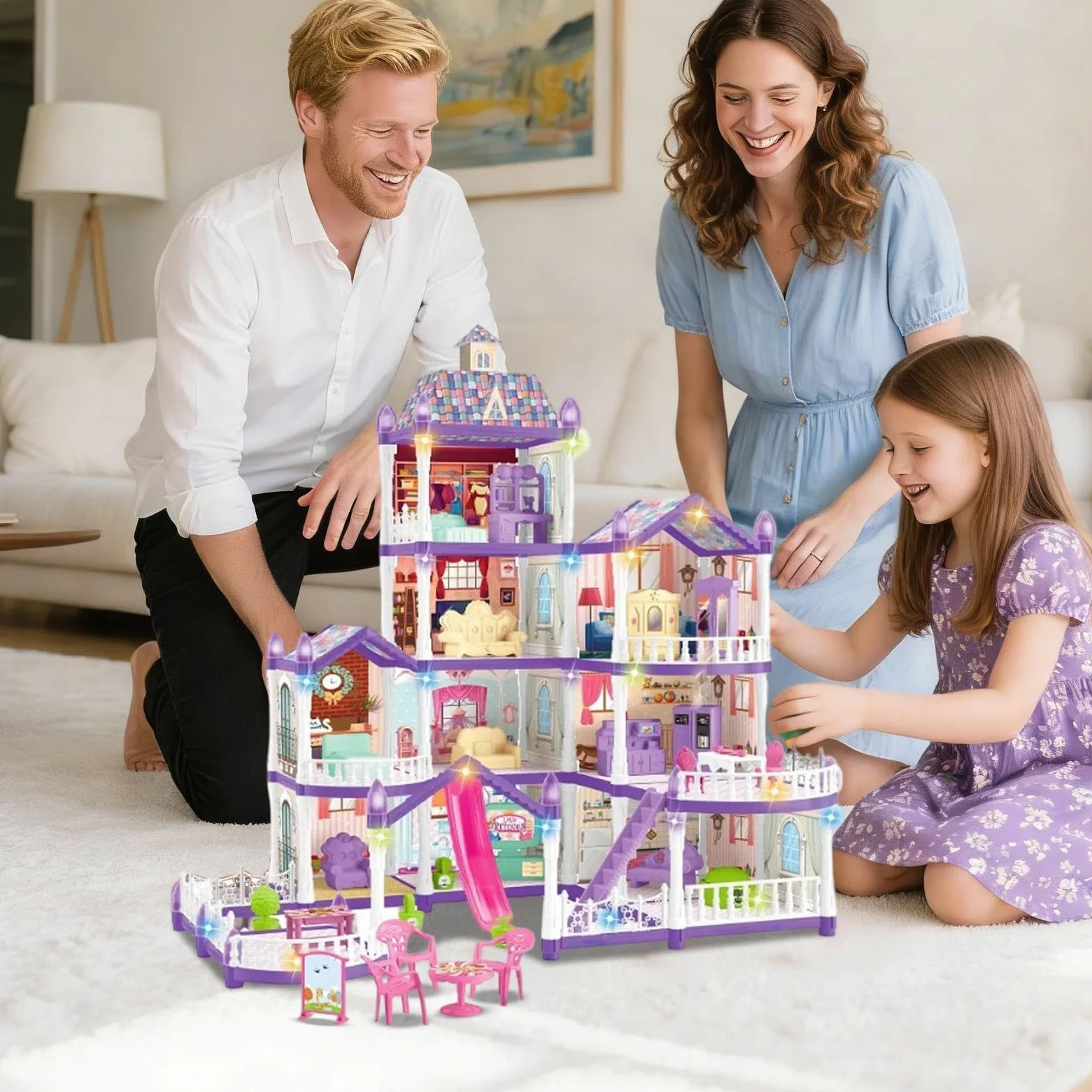 Casa delle Bambole 4 Piani 13 Stanze Villa Miniatura da Montare | Piccola Casa Delle Bambole Con 3 Principesse 2 Cuccioli E Arredo Per Bambine 4-6 di Ruolo Indoor Regalo per Feste