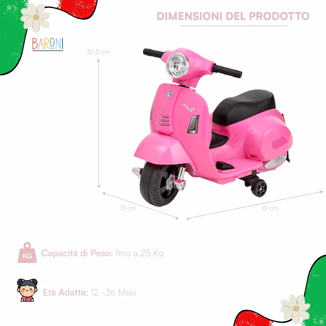 Baroni Toys Vespa Elettrica per Bambini Licenza Ufficiale, Moto Ride-On con Rotelle, Manubrio Sterzante, Fari e Clacson, Motore 6V, Velocità 3 km/h, da Interno ed Esterno, 61x31x32,5 cm, Rosa