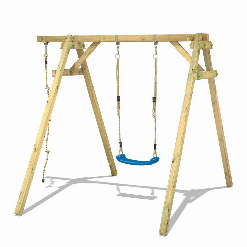 Altalena WICKEY Smart Move gioco per bambini con struttura in legno e seggiolini color blu, altalena doppia in legno da esterno o da giardino