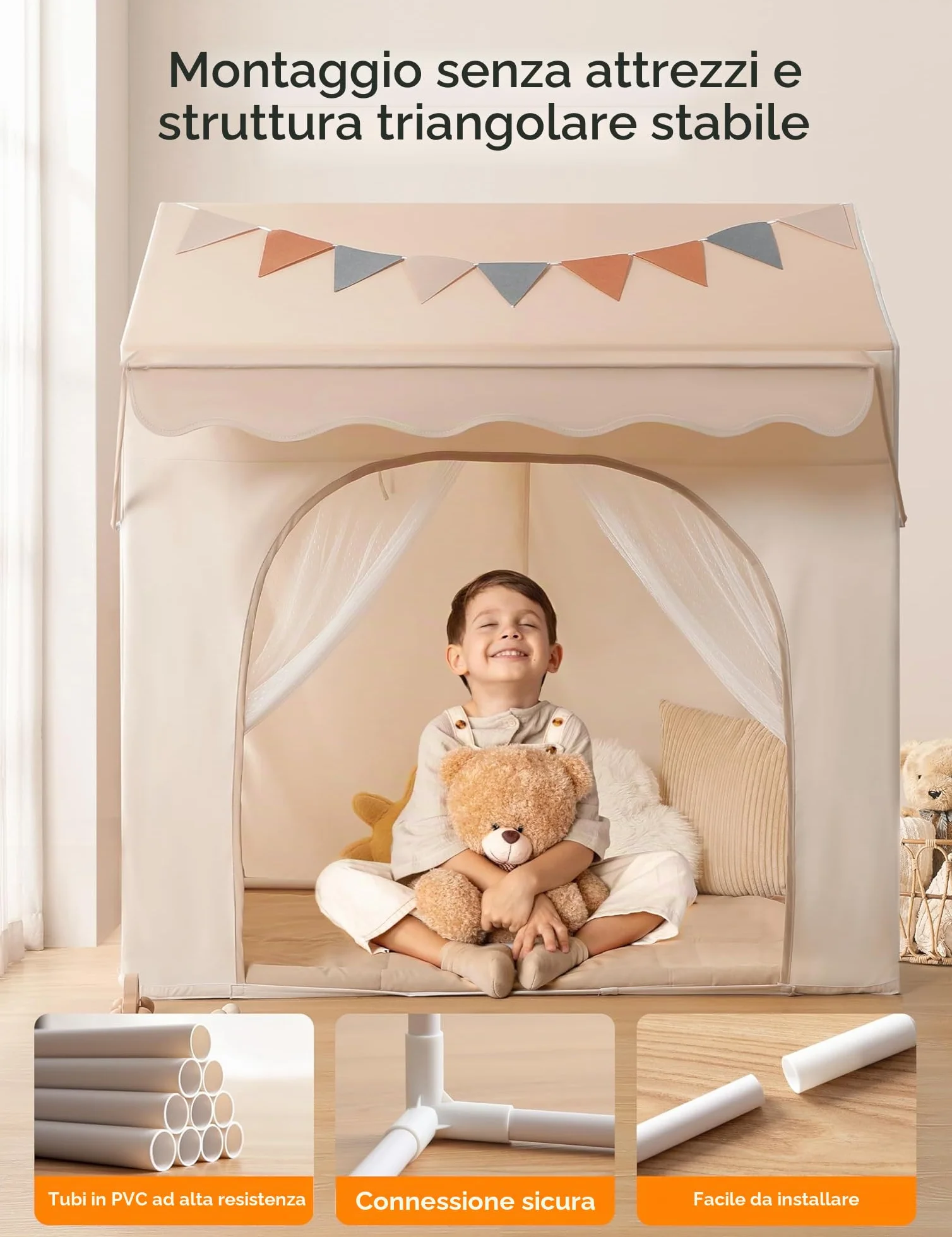 Besrey Tenda per Bambini 2-in-1, Tenda da Gioco con Tettoia per Interni ed Esterni, con Luci, Bandierine e Tappetino, Design Ampio per Lettura e Giochi Creativi - Regalo di Natale Ideale per Bambini
