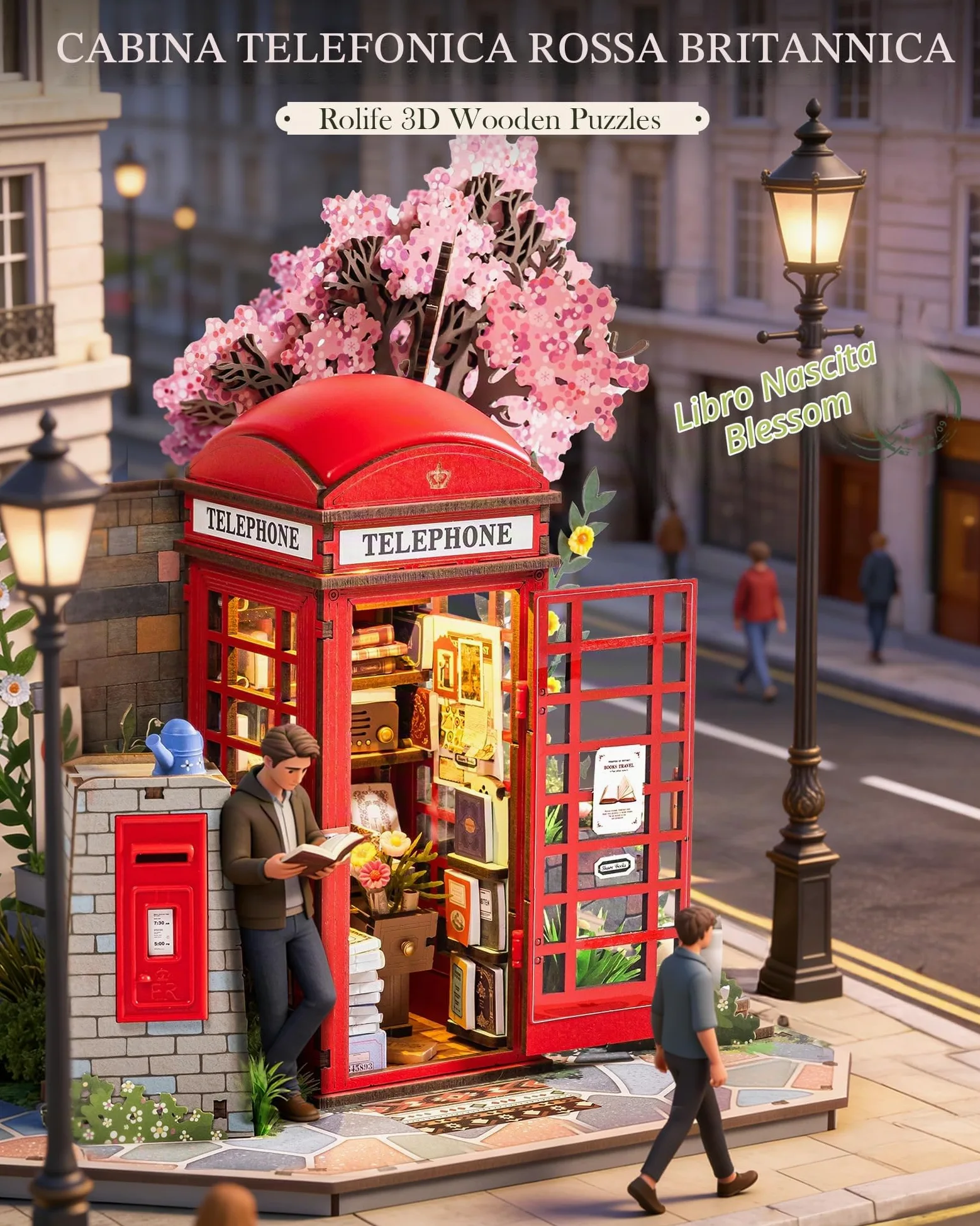 Rolife Puzzle 3D in Legno Cabina Telefonica Rossa di Londra Blossom Chiosco di Libri Modellino Fai da Te per Adulti con Luci LED Decorazione per la Casa Idea Regalo Creativa per Viaggiatori