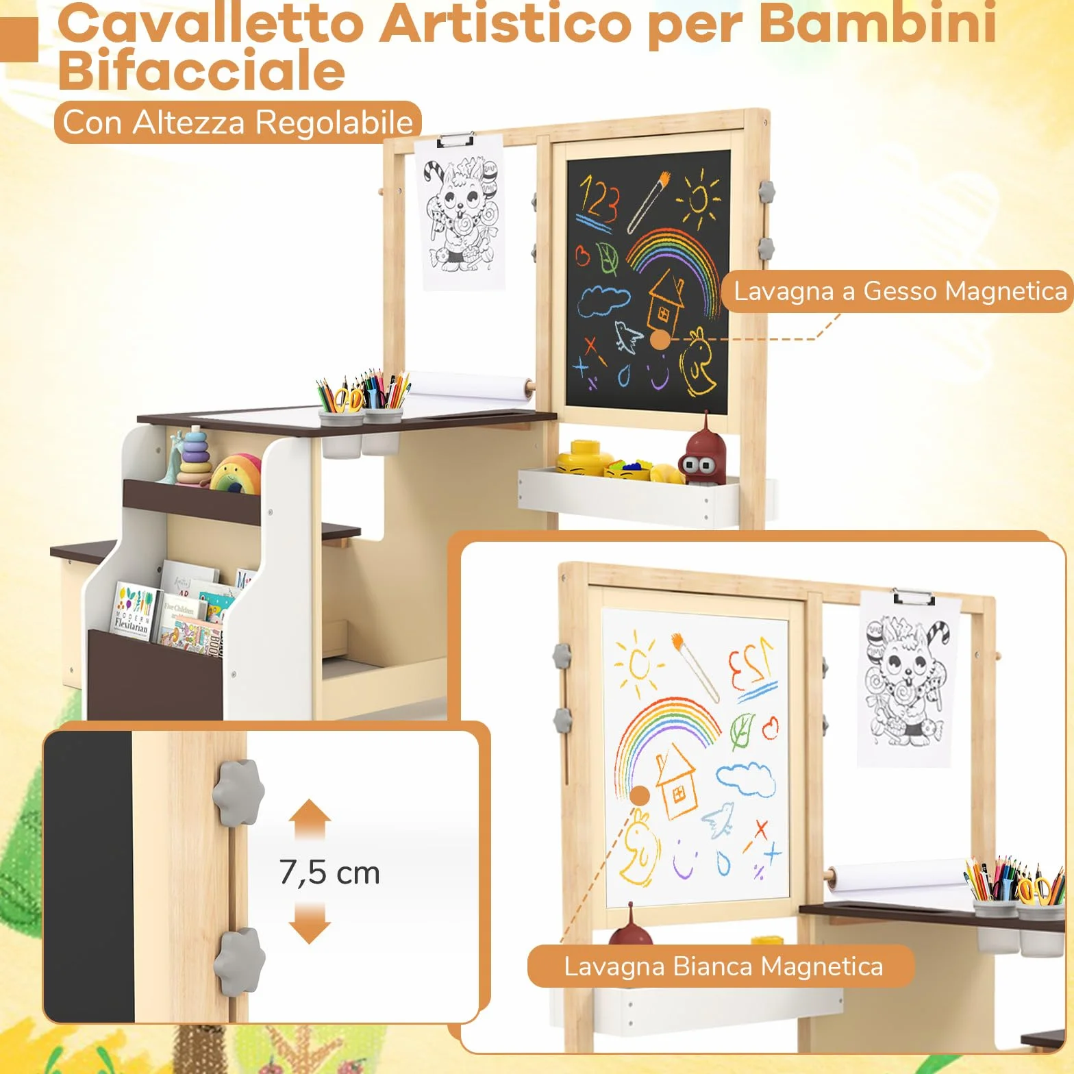 GYMAX Set di Cavalletto con Tavolo e Panca per Bambini, Scrivania Multifunzionale in Legno con Lavagna Bifacciale (Caffè)