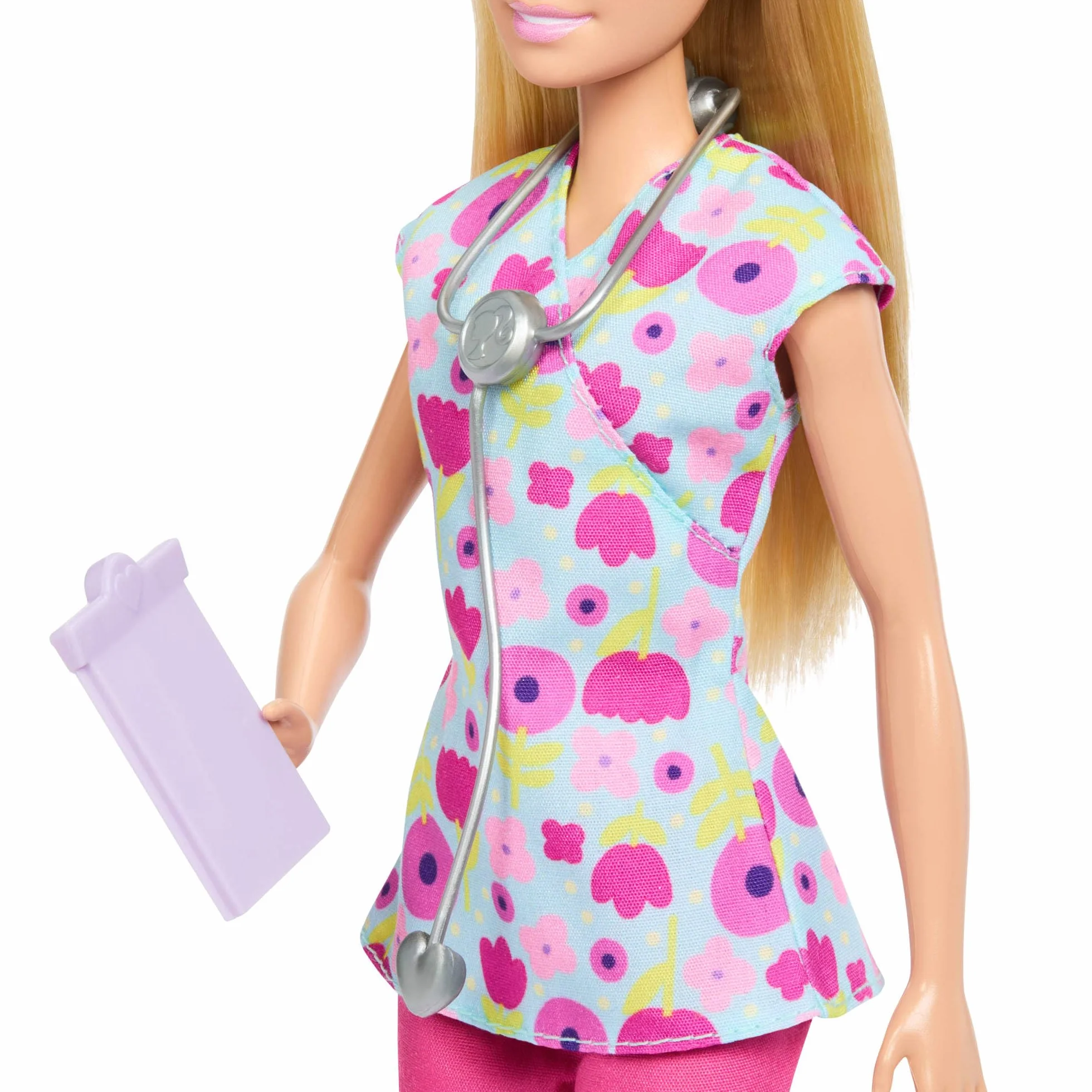 Barbie Carriere - Pediatra, set con bambola bionda con camice a fiori colorato, 2 mini bambole neonati, lettino per le visite e accessori a tema inclusi, 3+ anni, JMK12
