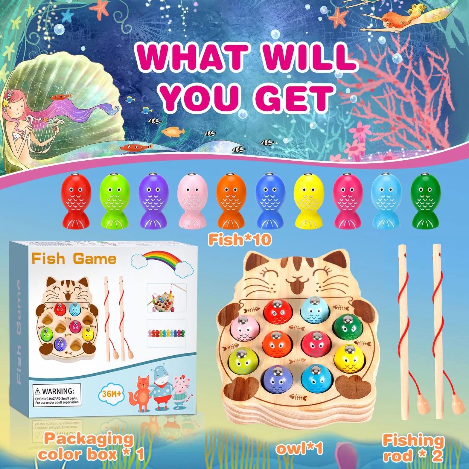 FAMKEEP Gioco di pesca magnetico in legno Montessori giocattolo educativo 3 anni