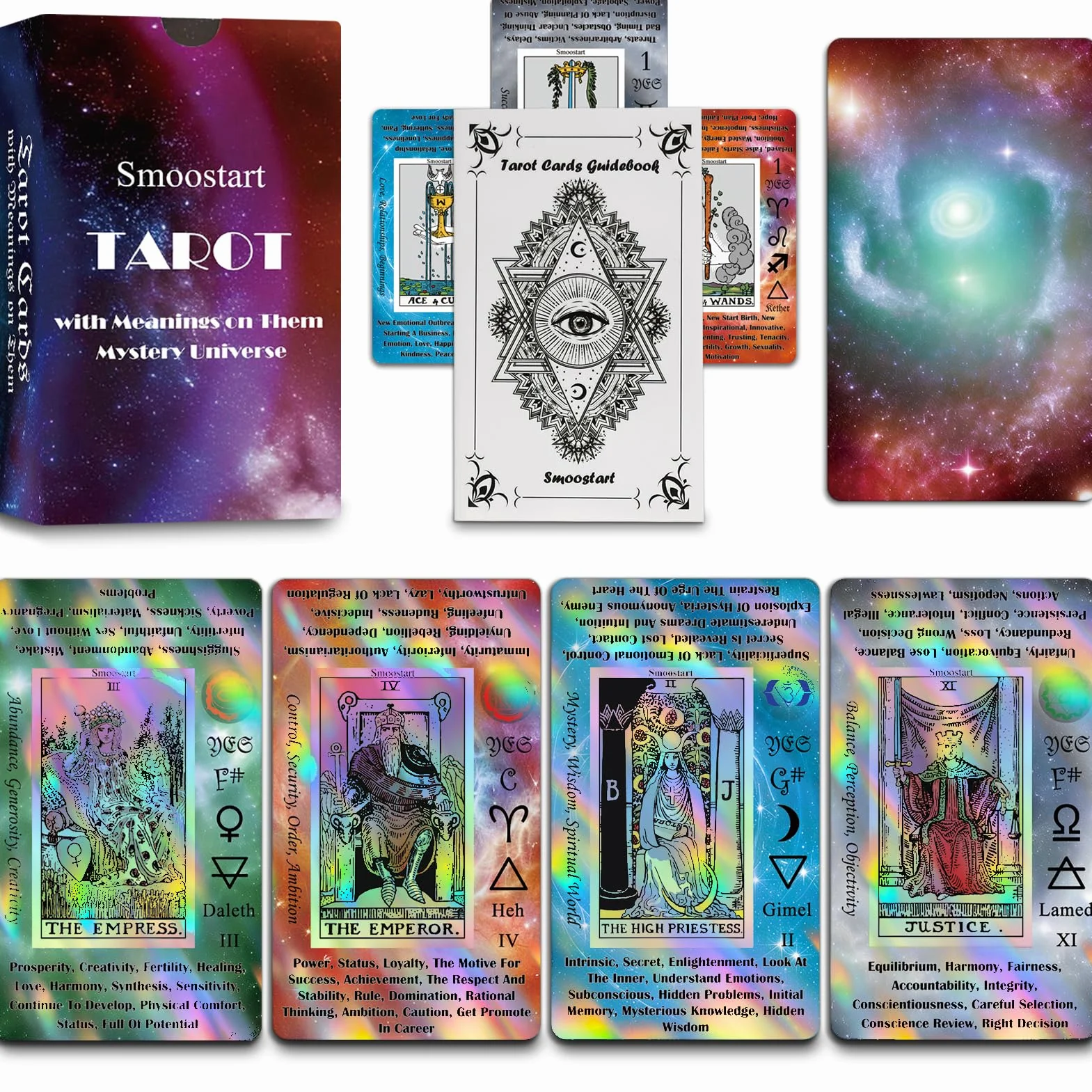 Smoostart Tarocchi olografici per Principianti con significati Versione inglese, con Guida, Parole Chiave, Elemento, Pianeta, Zodiaco, Chakra, Sì o No, Tono Musicale, numerologia, (Versione Inglese)