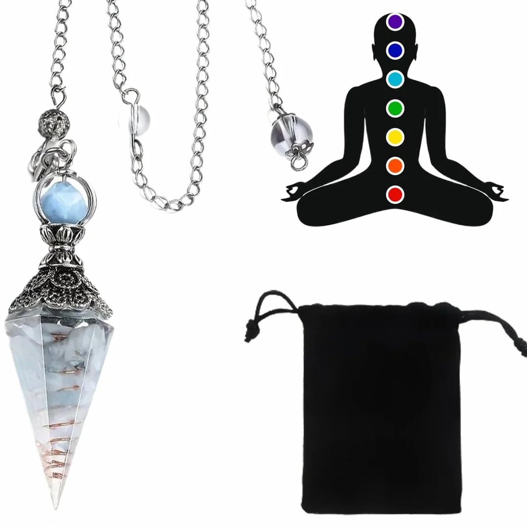 Pendolo di Radiestesia in Cristallo Esagonale con Catena in Pietra per Meditazione, Divinazione e Scrying