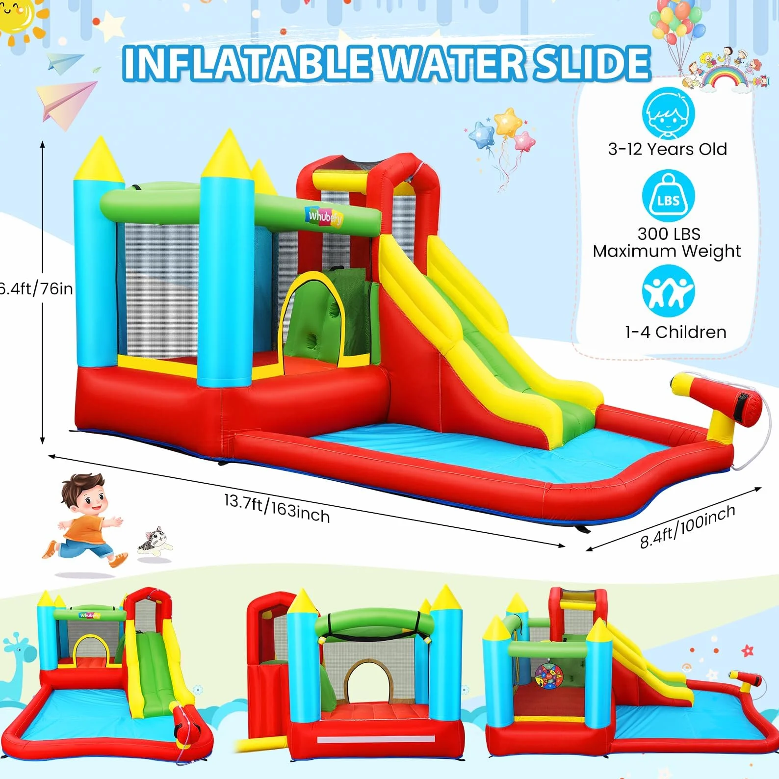 Castello gonfiabile per bambini,Con Scivolo,Castello d’Acqua Set, Trampolino, Piscina e Canestro da Basket, ottimo regalo per la festa in giardino nel parco acquatico, con ventilatore