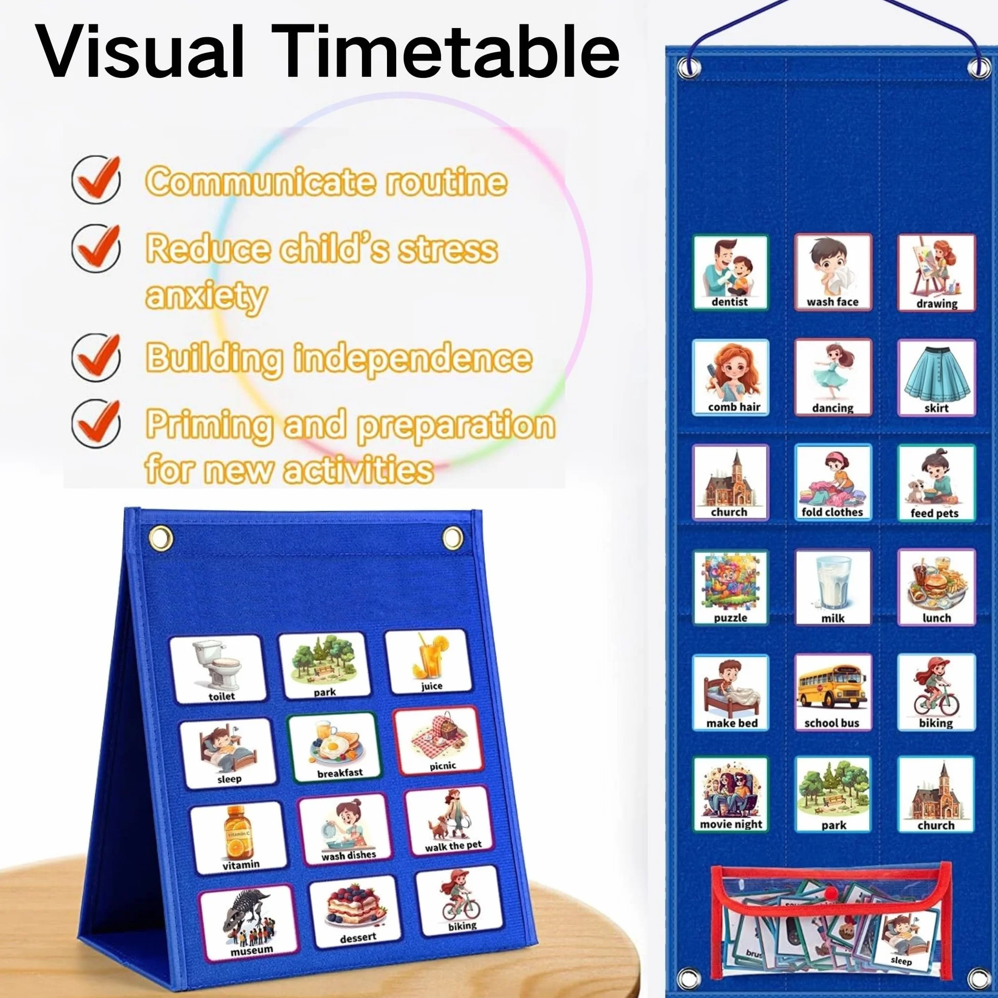 Orario Visivo Grafico Giornaliero Routine per Bambini, Routine Piano Bambini Giornaliera con 96 Carte, Agenda Visiva Bambini Autismo Libro, Calendario Didattico Inglese, Scuola Domestica（Blu）