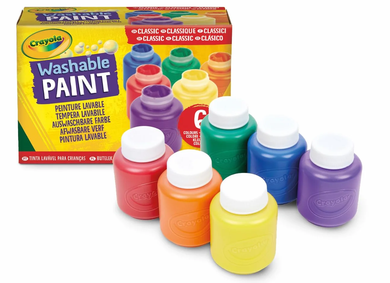 CRAYOLA - Tempere Lavabili per Bambini, Confezione da 6 Barattolini da 59 ml, Colori Classici, Età Consigliata: da 3 Anni