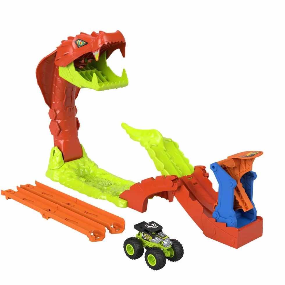 Hot Wheels Monster Trucks - Attacco del Serpente, set pista con lanciatore e veicolo Bone Shaker in scala 1:64 incluso, sconfiggi il gigantesco seprente nemico, 4+ anni, JJN44