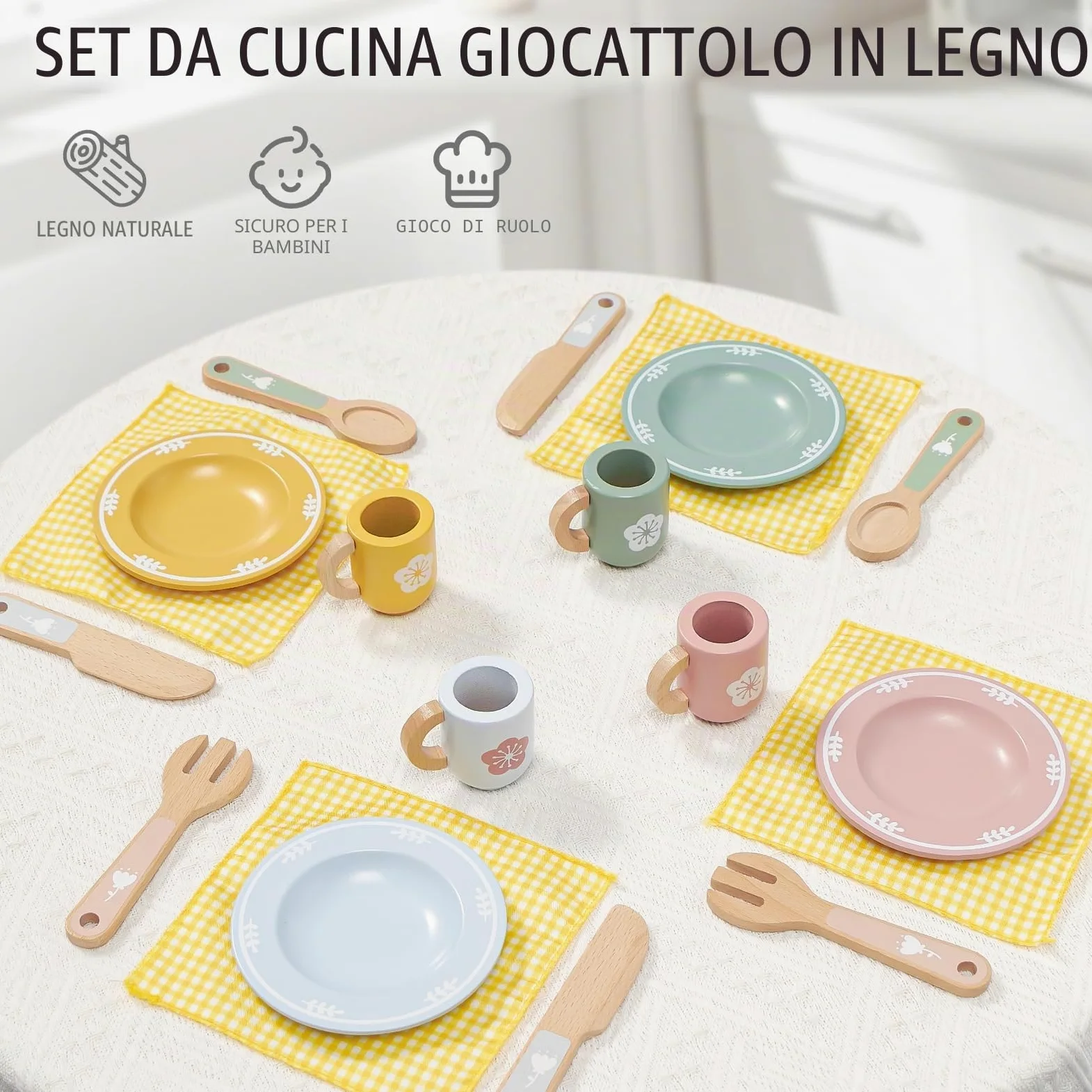 Atoylink Accessori da Cucina per Bambini in Legno: Set Completo con Piatti, Tazze, Posate e Portapiatti - Giochi di Ruolo per Ragazze e Ragazzi 3-8 Anni