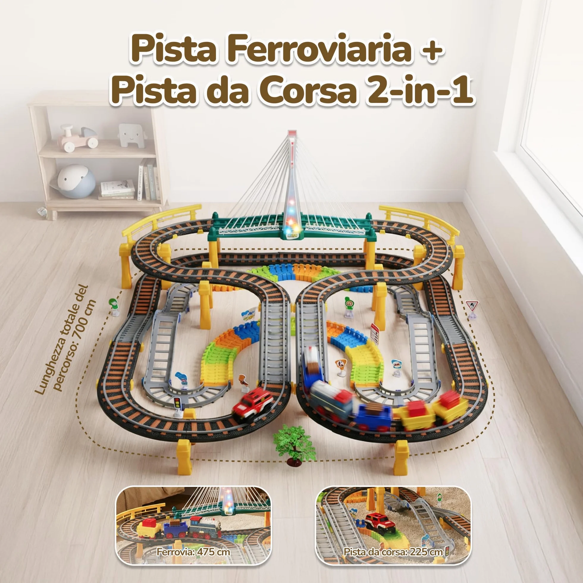 Kinderplay Trenino Elettrico per Bambini 2 in 1 con Pista da Corsa – Set 192 Pezzi con Luci e Suoni – Gioco Creativo 3+ – Binari 89x69 cm, Lunghezza Totale 700 cm, KP0635