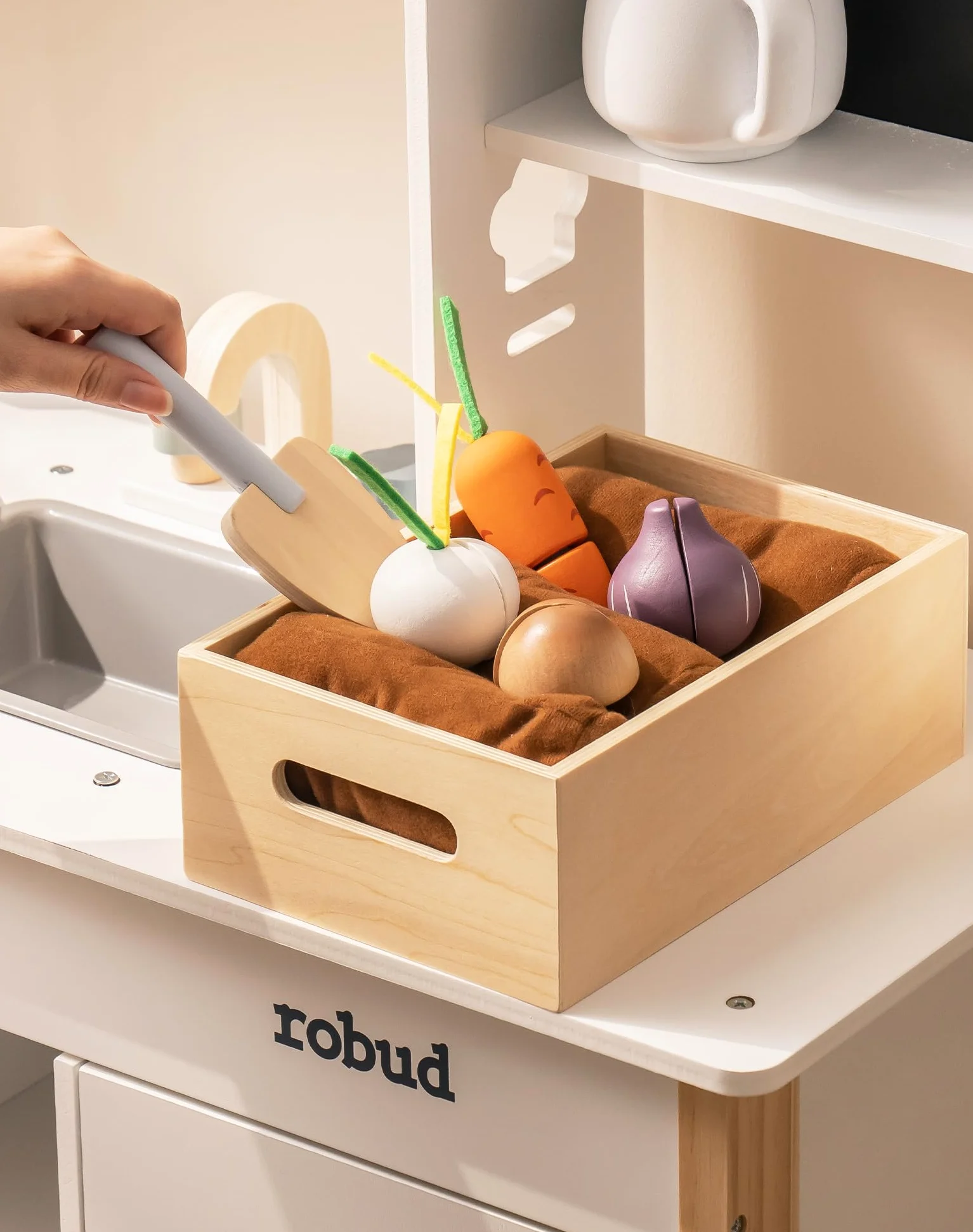 ROBUD Cucina Giochi per Bambini, Cucina in Legno con Fioriera, Tostapane e Macchina per il Gelato, Set da Gioco con Accessori per la Cucina, Pizza, Regalo per Bambini dai 3 Anni in Su
