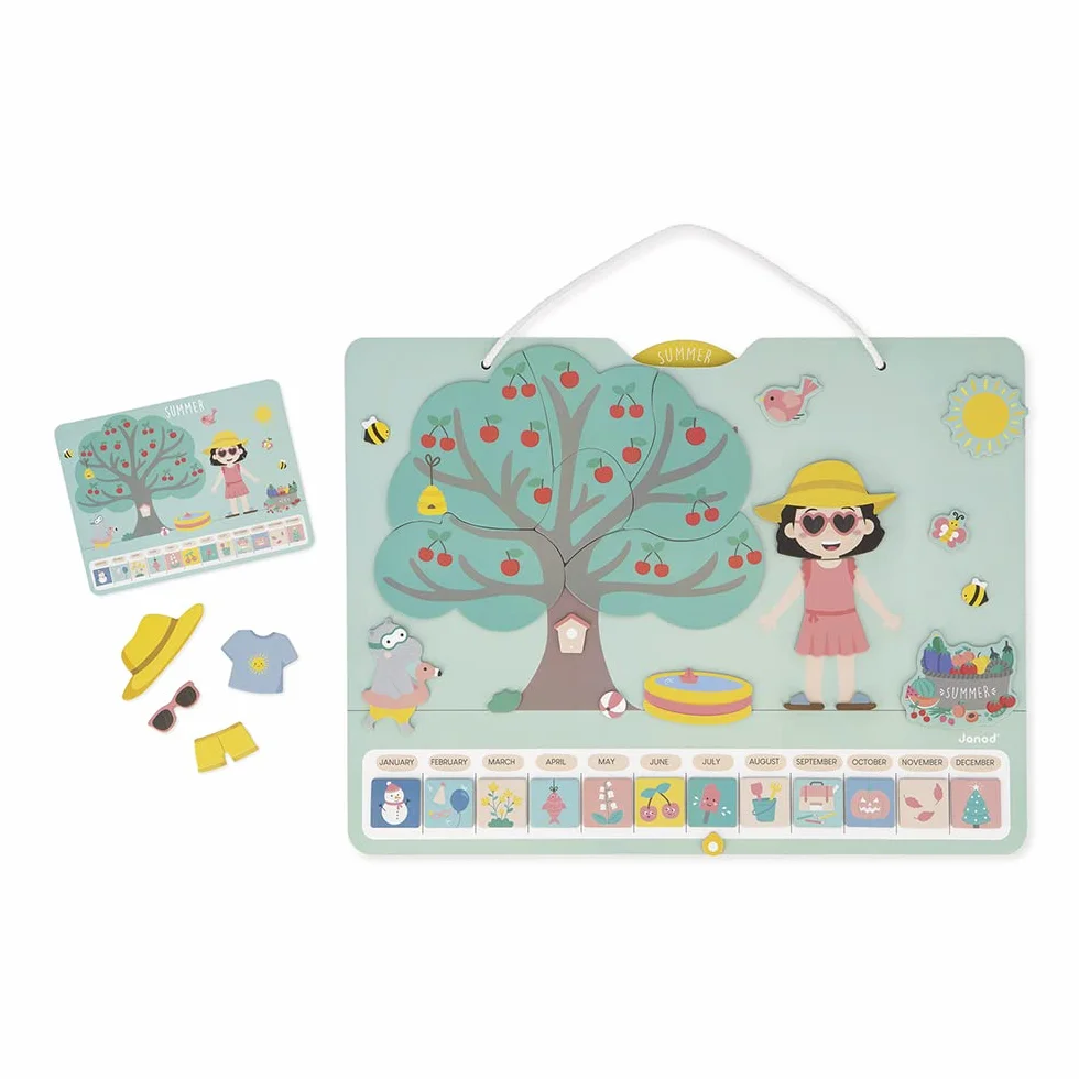 Janod - Calendario delle Stagioni - Calendario Educativo in Legno per Bambini 42 x 32 cm - Magnetico - 125 Magneti - Tempo e Stagioni - Versione Inglese - Dai 3 Anni, J5464