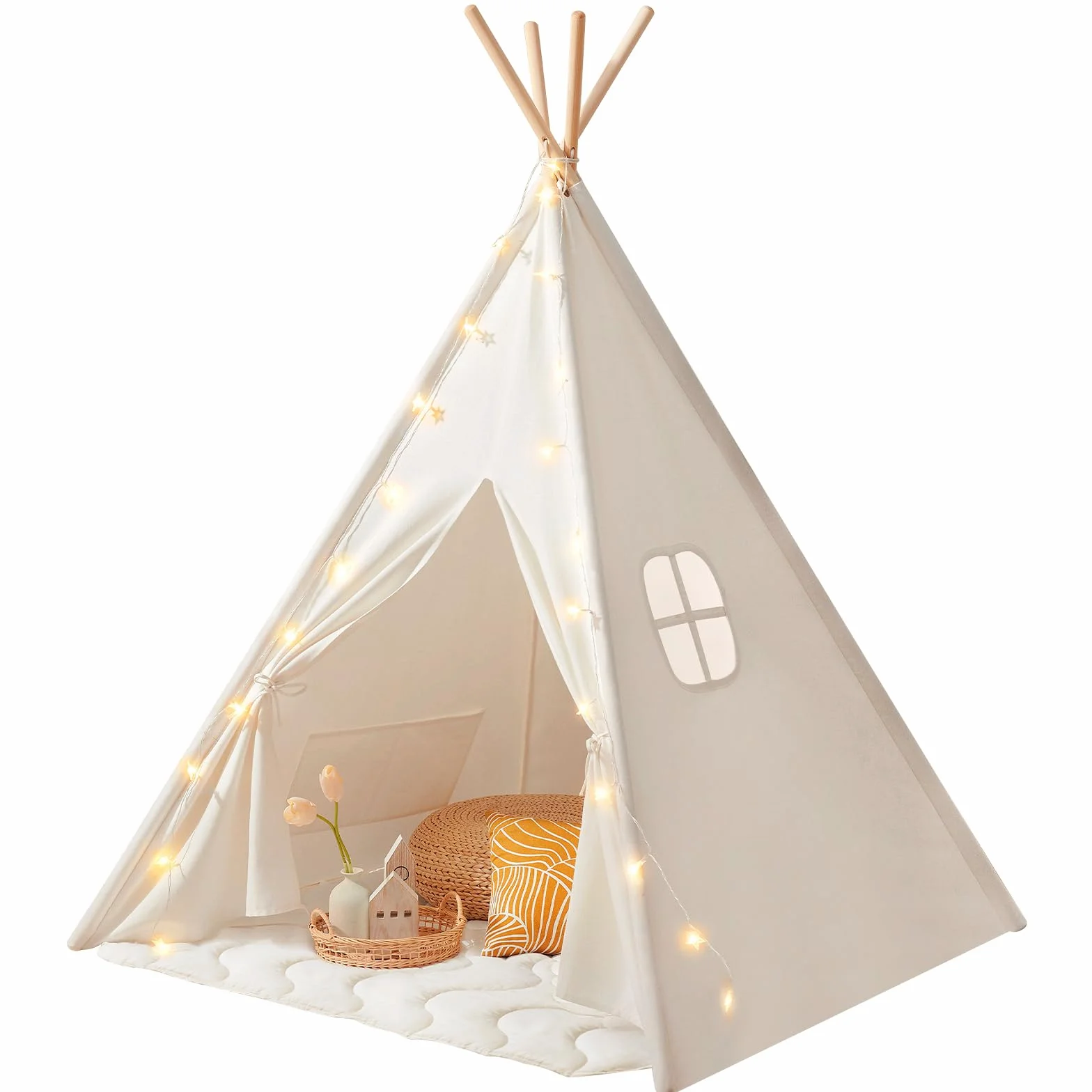 Tiny Land Tenda per Bambini con Coperta & Fata Luci & Borsa di tela - Tenda Indiana Bambini per Cameretta, Casetta Gioco Bambina & Ragazzo, Capanna Tipi Pieghevole Interno/Esterno, Regalo 3 Anni+