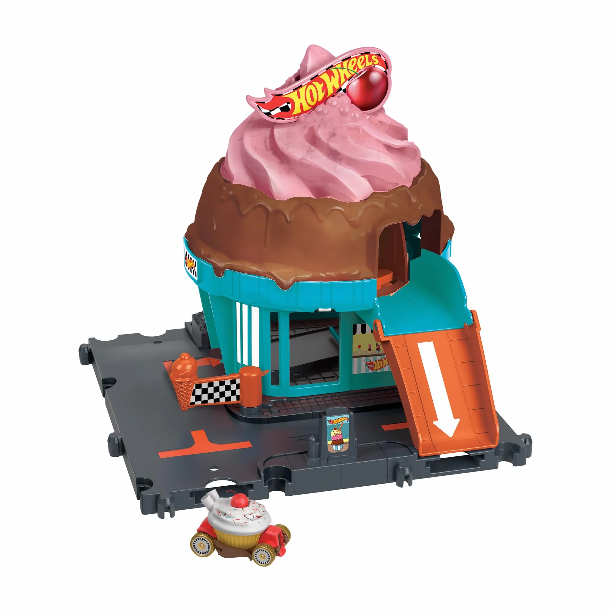 Hot Wheels 'Let's Race' Netflix - Gelateria con Vortice, playset a forma di cono gelato con pista e ascensore attivabile, include 1 macchinina Hot Wheels, giocattolo per bambini, 4+ anni, HTN77