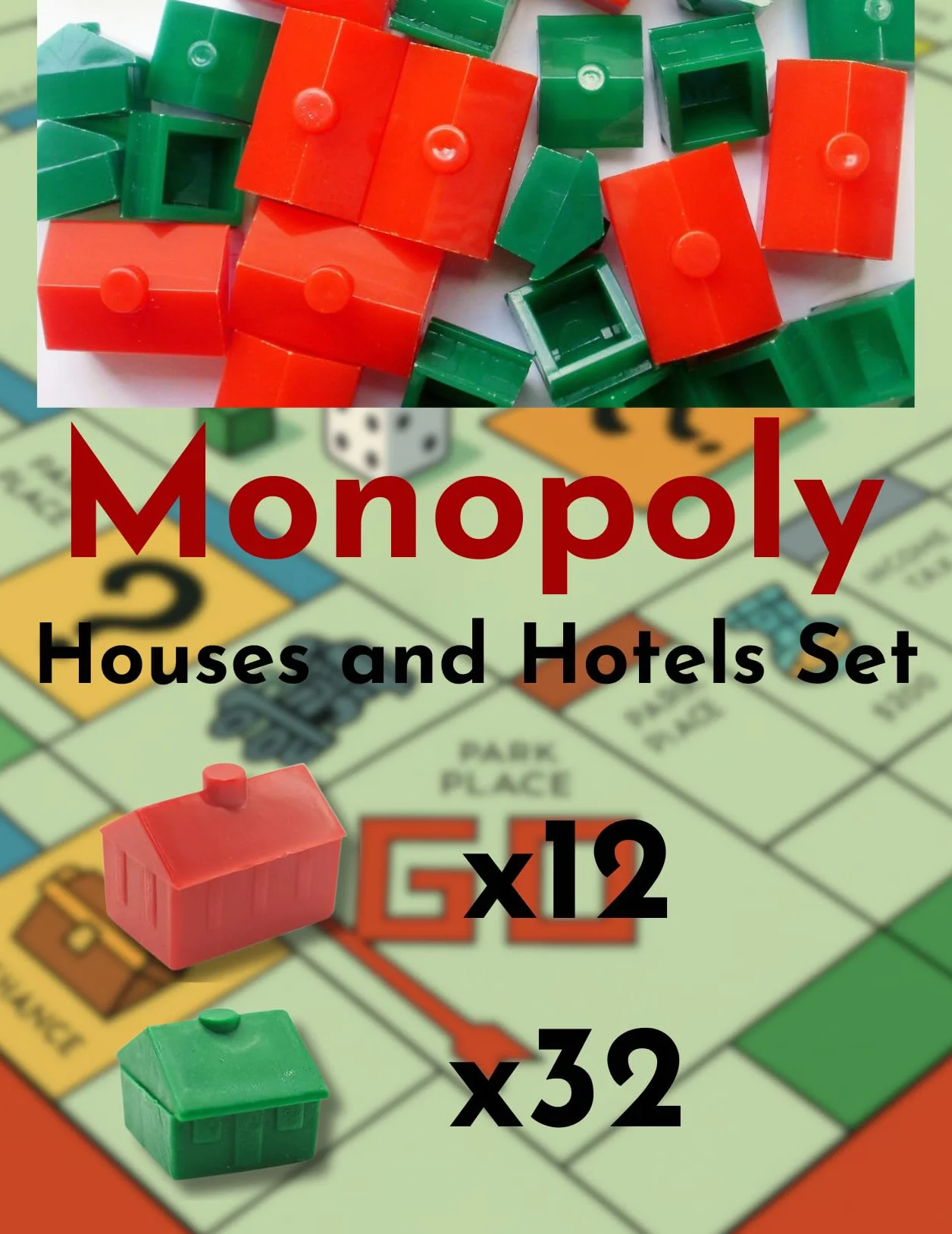 Monopoly Case & Hotel Set – 32 case verdi e 12 Alberghi rossi in plastica, pezzi di ricambio per Monopoly Classic, durevoli mattoncini da gioco e accessori per la serata di gioco (set casa)