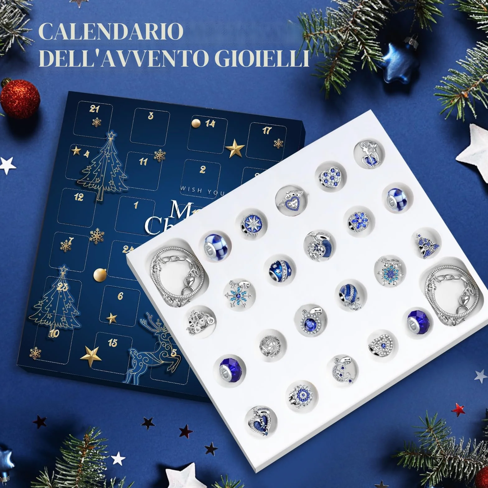 Calendario dell'Avvento 2025 Donna Gioielli Bracciale,Calendario Avvento Ragazza Sorprese Regali,Bambina Natalizi Ciondoli Kit 2 Catene 22 Charms Accessori fai da te Perline Blue