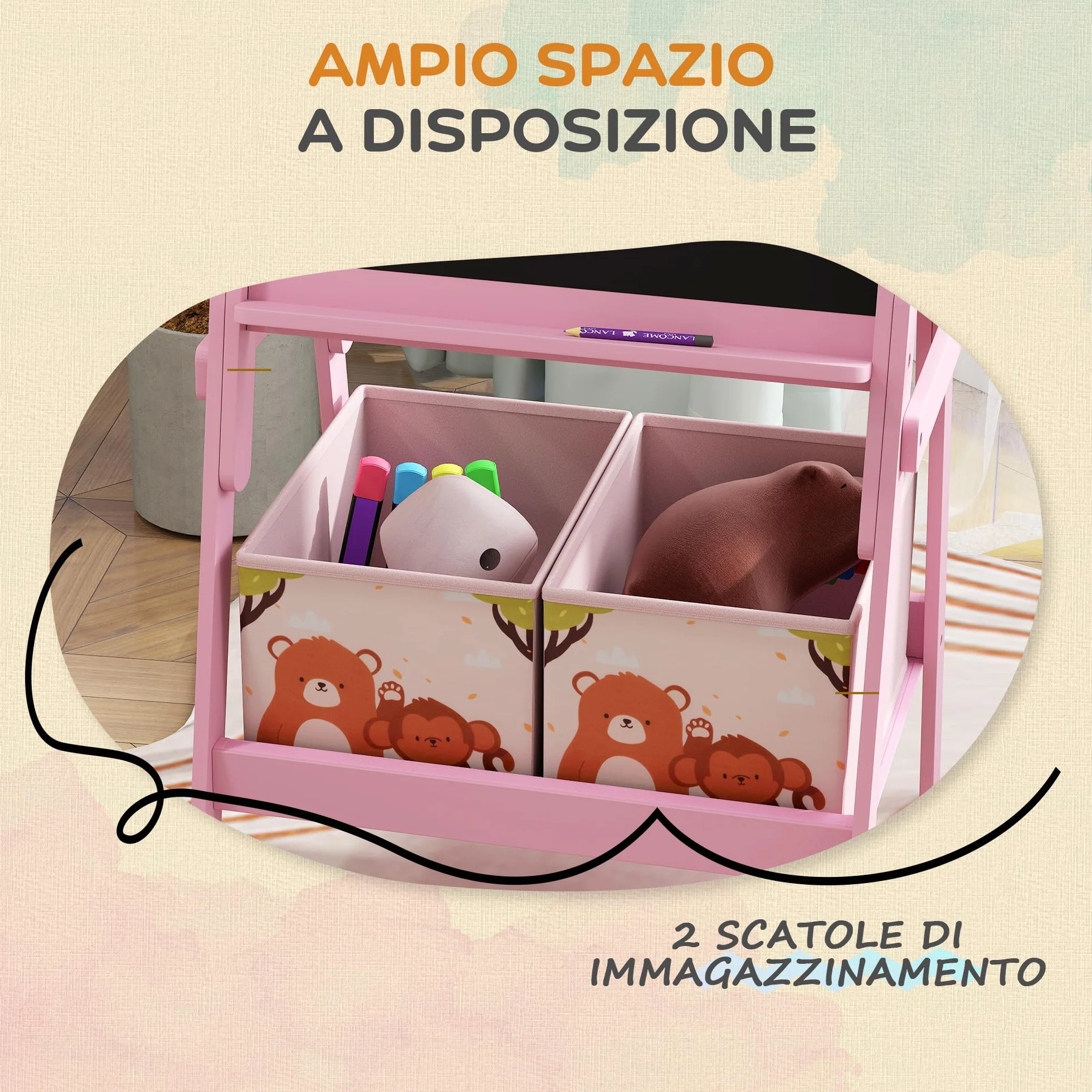 AIYAPLAY Cavalletto Artistico per Bambini in Legno 3-8 Anni con Lavagna Bianca e Nera 53.5x49x113 cm Rosa