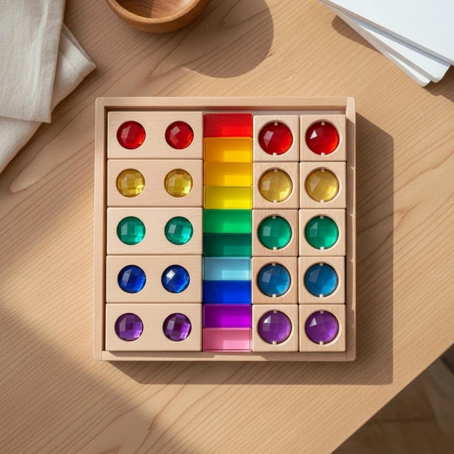 Blocchi Sensory per Bambini Set Didattico con Mattoncini Acrilici Blocchi Trasparenti Struttura in Legno Attività di Riconoscimento Colori E