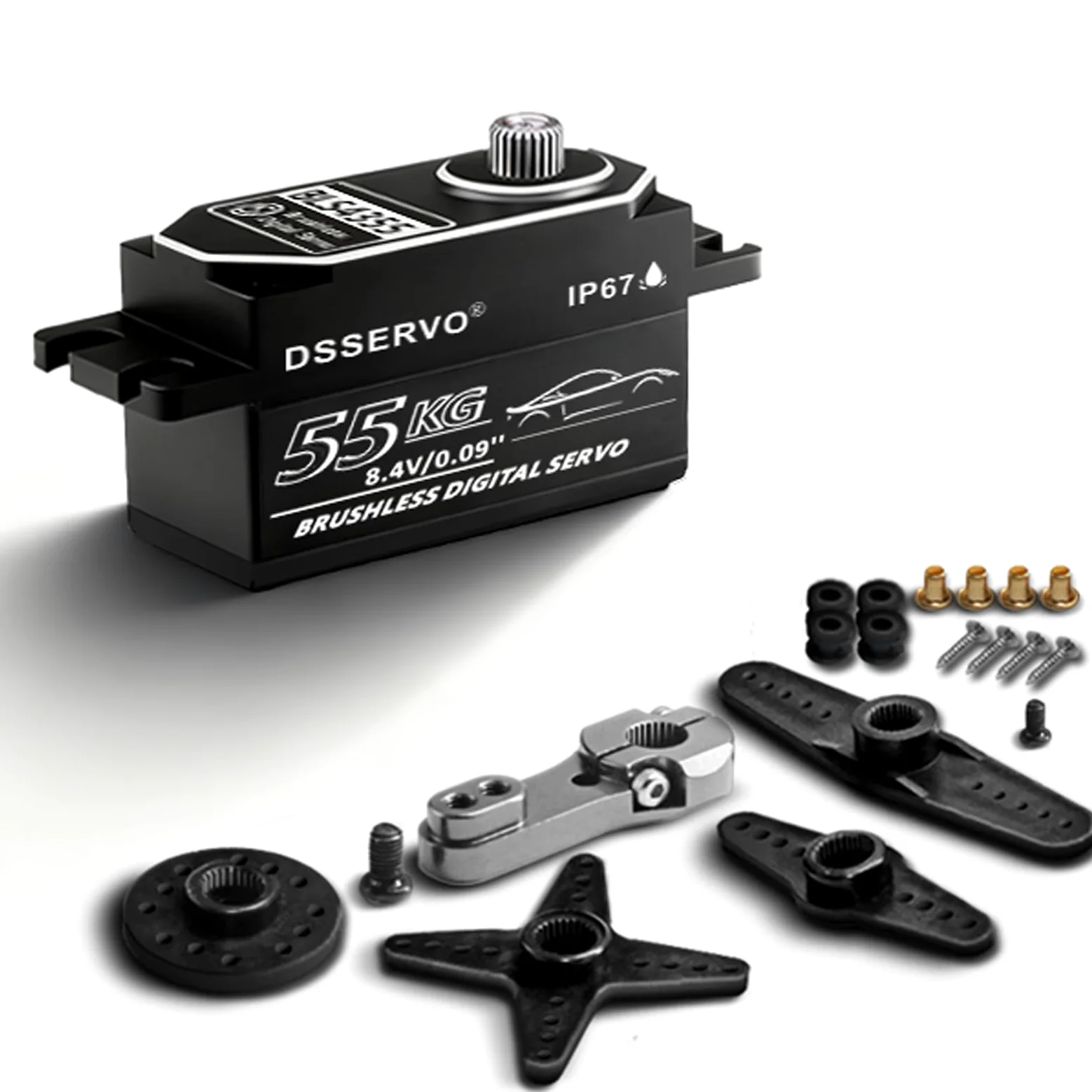 Servo brushless RC a basso profilo da 55 kg, programmabile ad altissima velocità (0,09 s) e coppia elevata (61 kg @ 8,4 V), custodia e ingranaggi in metallo, impermeabile, motore di sterzo