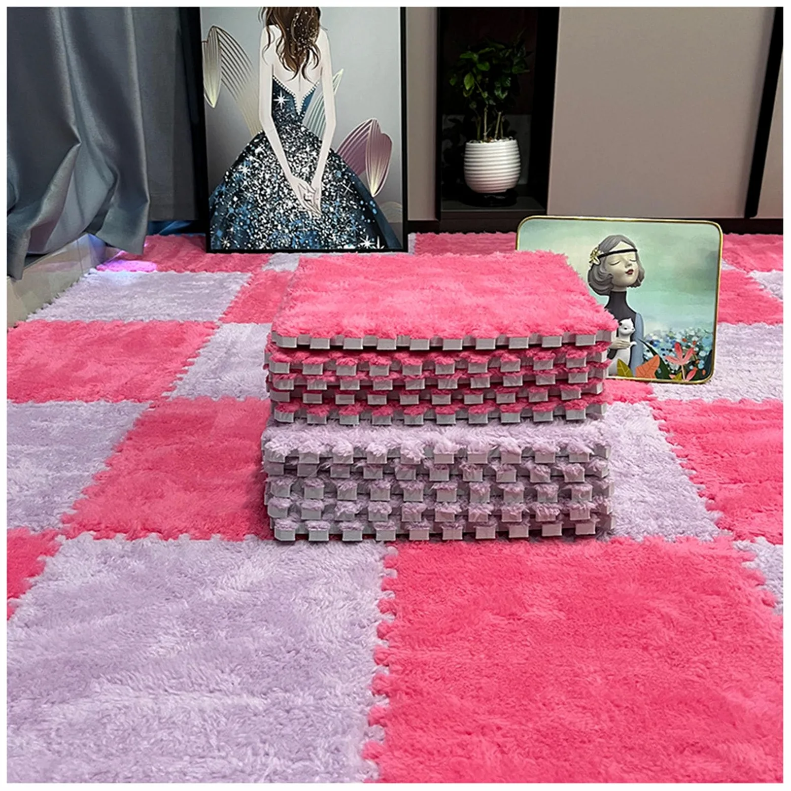Splice Interlocking Carpet Tappetini in Peluche ad Incastro, 10 Pezzi, Tappetino da Gioco in Schiuma Puzzle di Peluche, Tappeto Quadrato in Schiuma, Tappeto in Schiuma PE,Purple+Rose Red-1cm