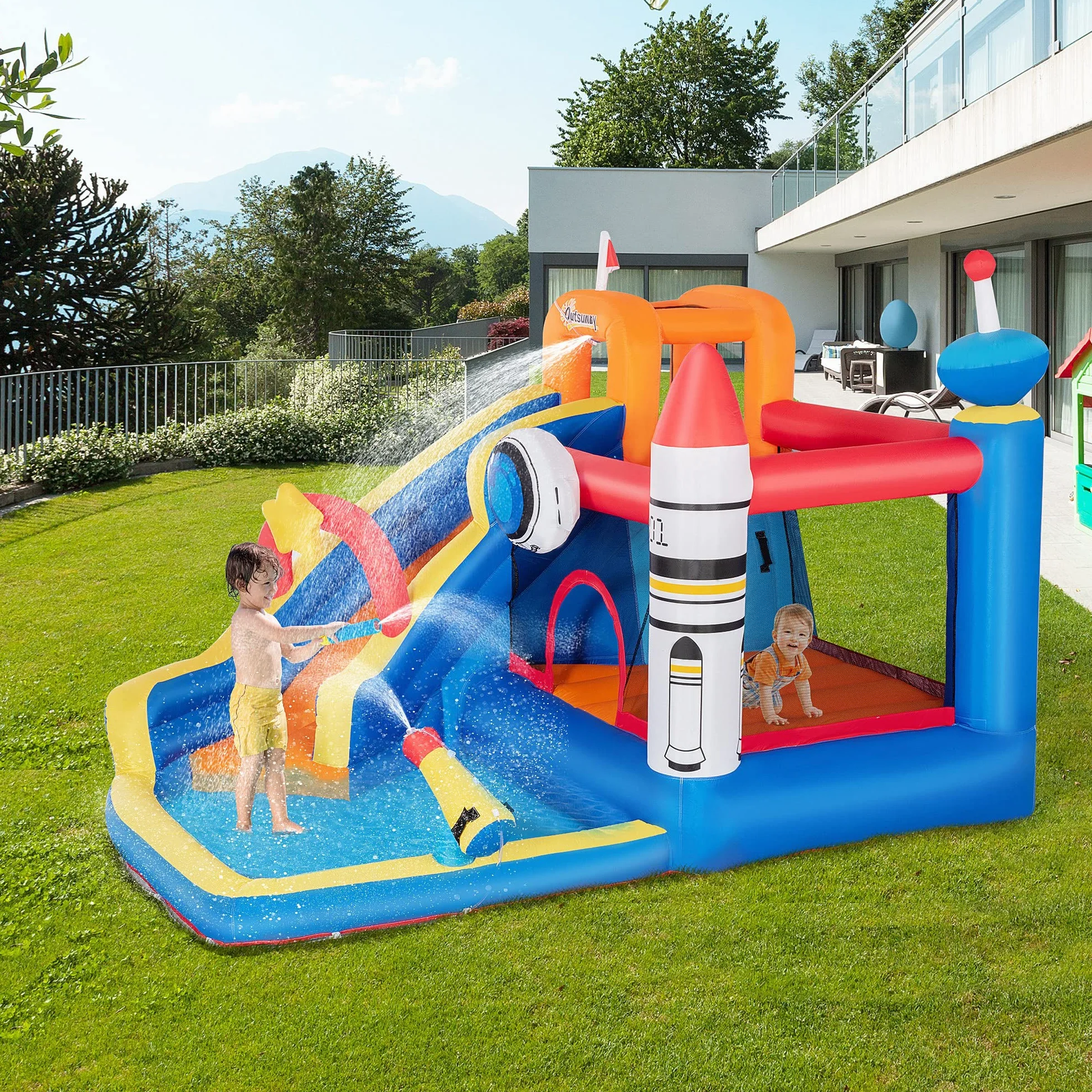 Outsunny Castello Gonfiabile per Bambini 3-8 Anni a tema Spazio con Borsa da Trasporto, 11 Paletti e Toppe Inclusi, in Tessuto Oxford, 340x270x227 cm