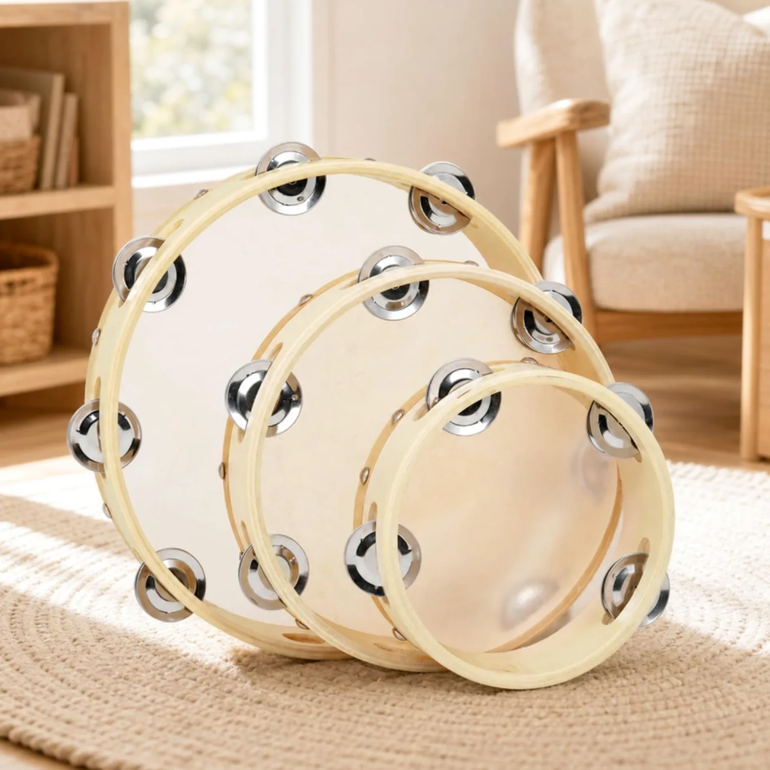 Tamburello per Bambini Tamburo a Cornice Strumento a Percussione Giocattolo Musicale Educativo in Legno con Telaio Liscio E Dischi Montati Stimola